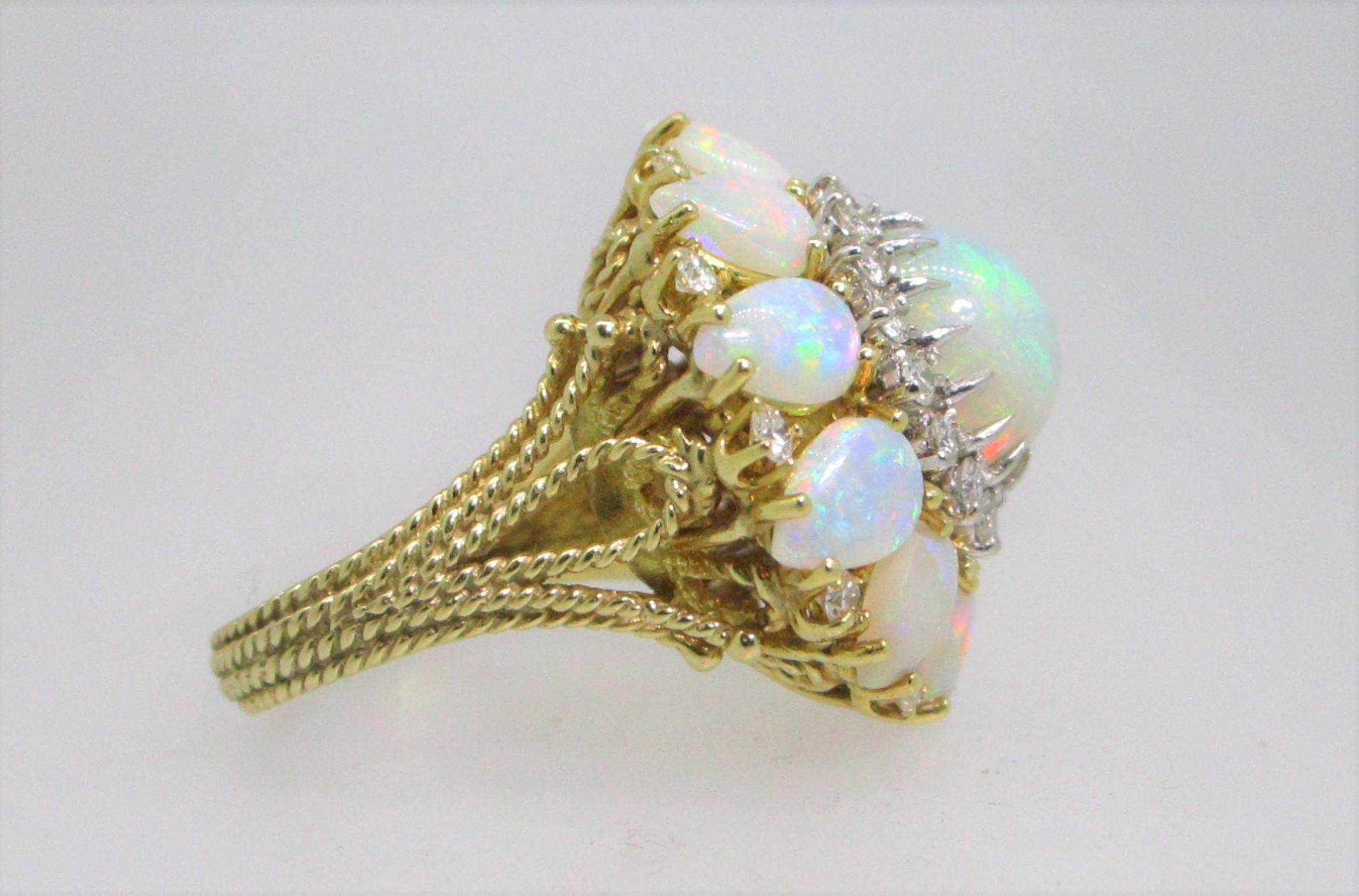 Cabochon 18 Karat Yellow Gold Opal and Diamond Ring For Sale