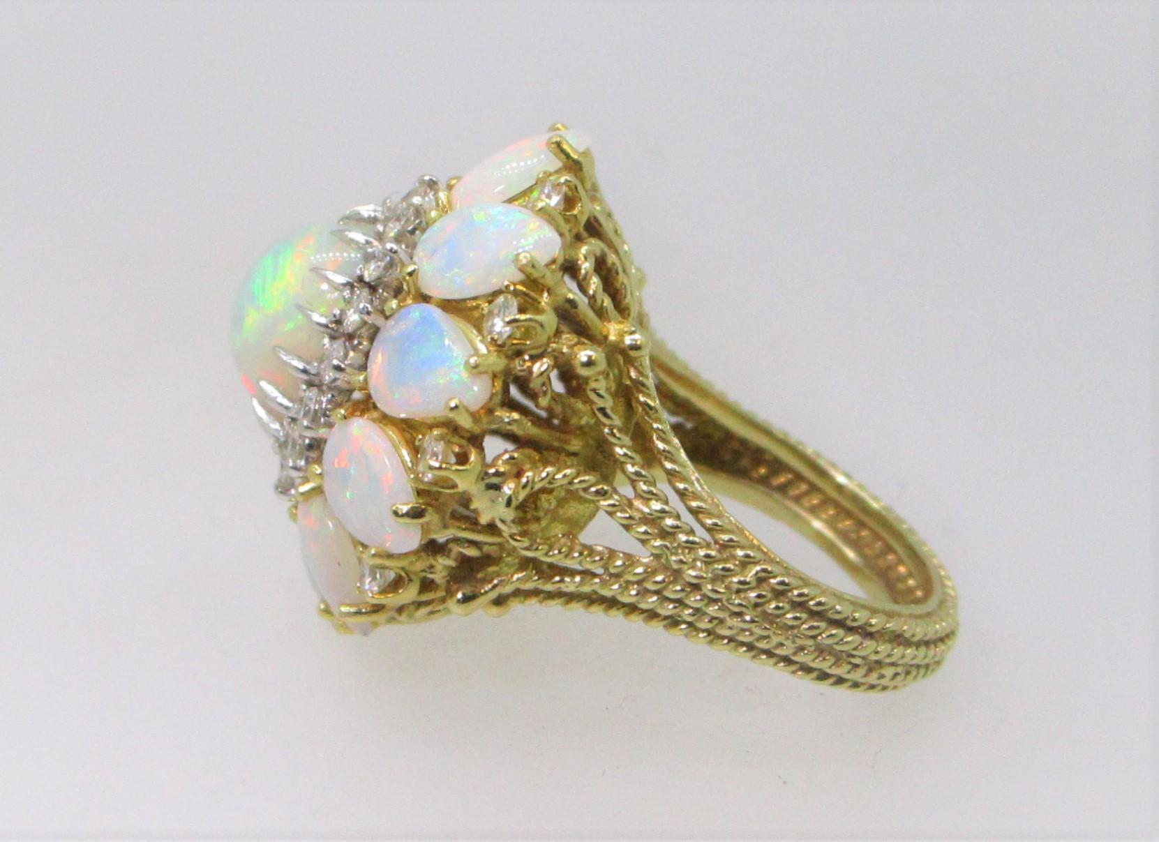 18 Karat Yellow Gold Opal and Diamond Ring For Sale 1