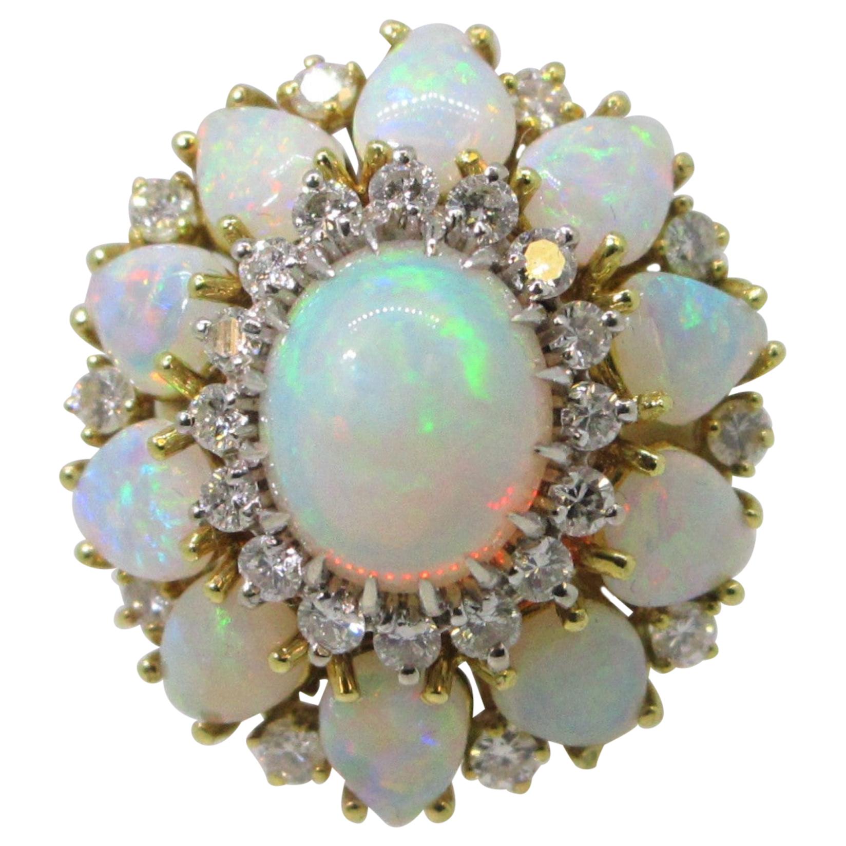 18 Karat Yellow Gold Opal and Diamond Ring For Sale