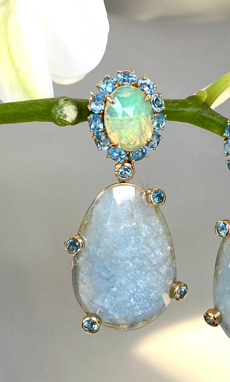 Contemporary 18 Karat Yellow Gold Opal Blue Topaz Rose Cut Aquamarine Drop Dangle Earrings For Sale