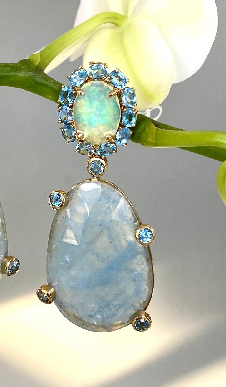 18 Karat Yellow Gold Opal Blue Topaz Rose Cut Aquamarine Drop Dangle Earrings In New Condition For Sale In New York, NY