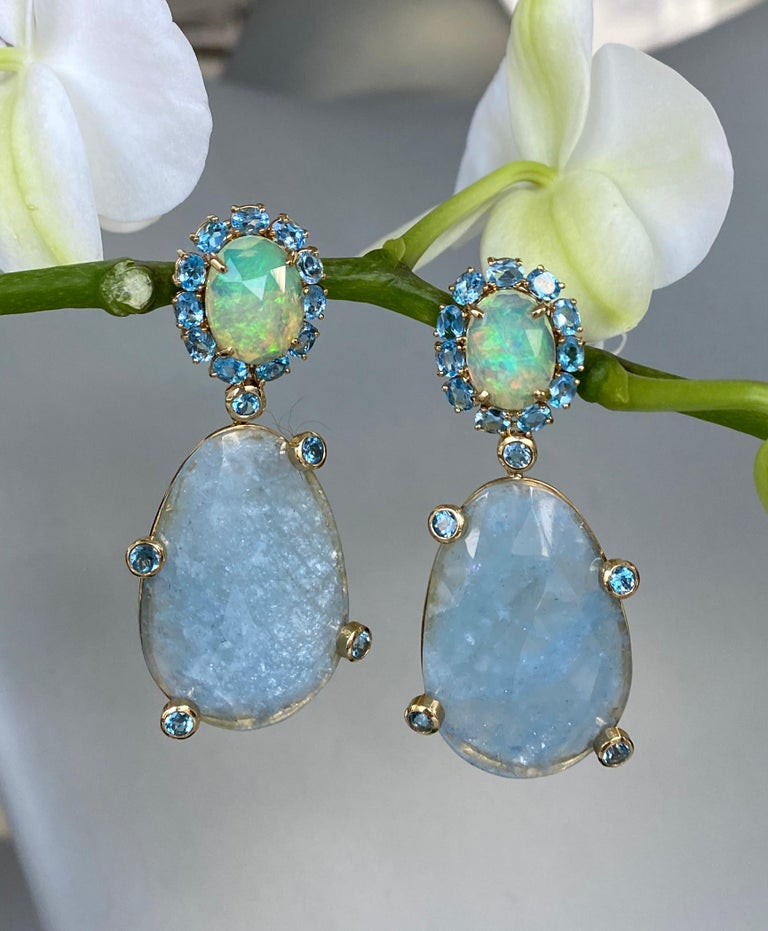 18 Karat Yellow Gold Opal Blue Topaz Rose Cut Aquamarine Drop Dangle Earrings For Sale 2