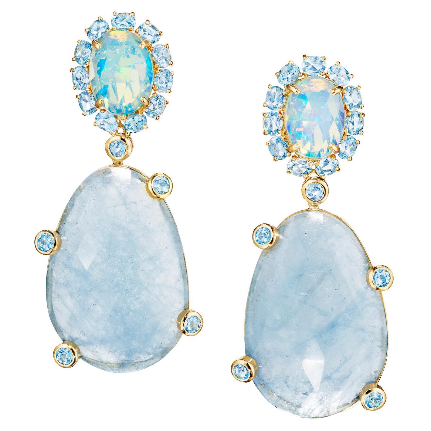 Pendants d'oreilles en or jaune 18 carats, opale, topaze bleue, aigue-marine taille rose