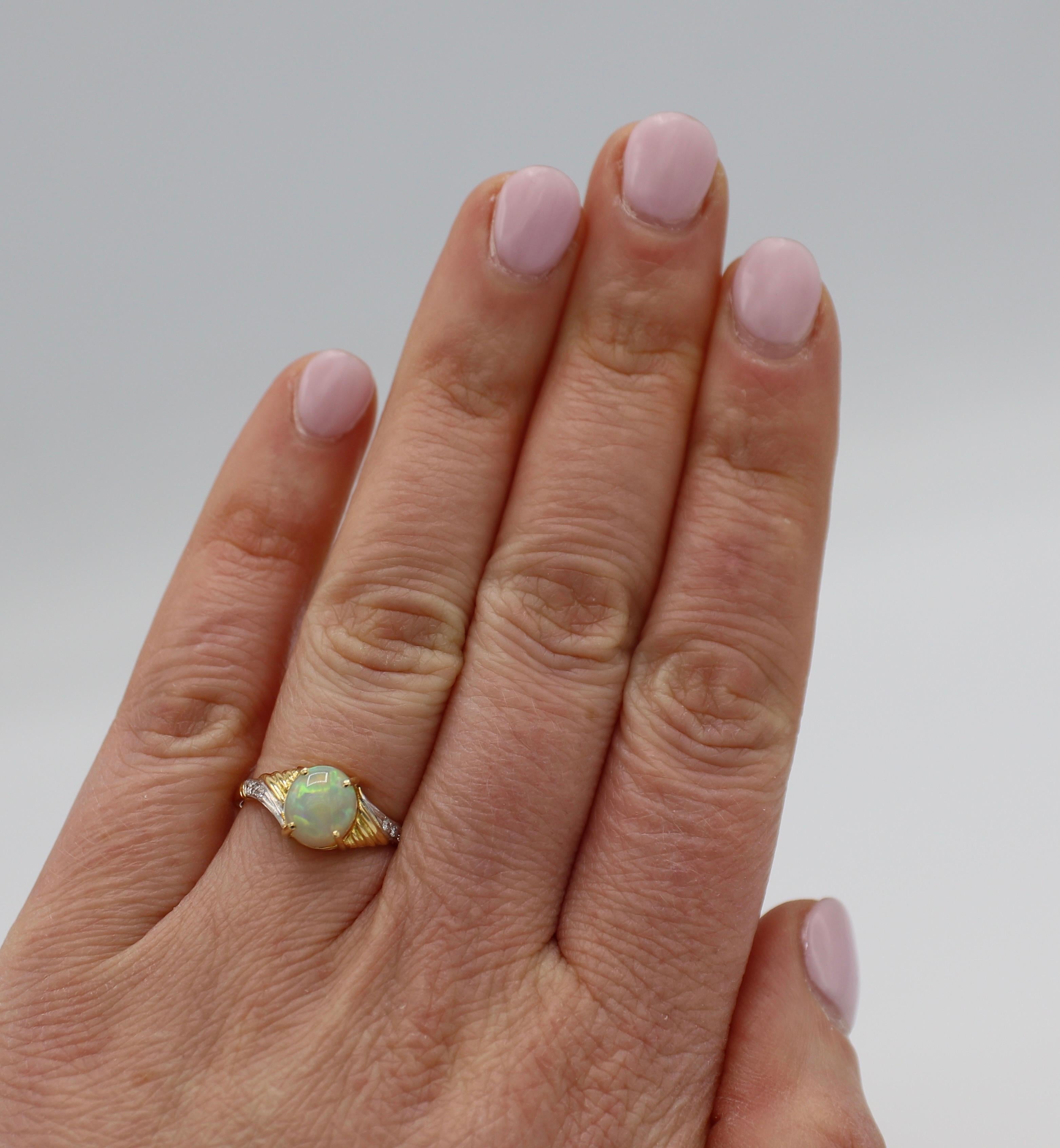 Oval Cut 18 Karat Yellow Gold Opal & Natural Diamond Cocktail Ring  For Sale