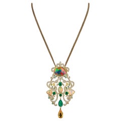 18 Karat Yellow Gold Opals Emeralds Diamonds Pendant Necklace Colorful Classic