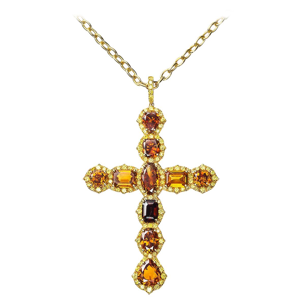 18 Karat Yellow Gold Orange and Yellow Diamond Cross For Sale