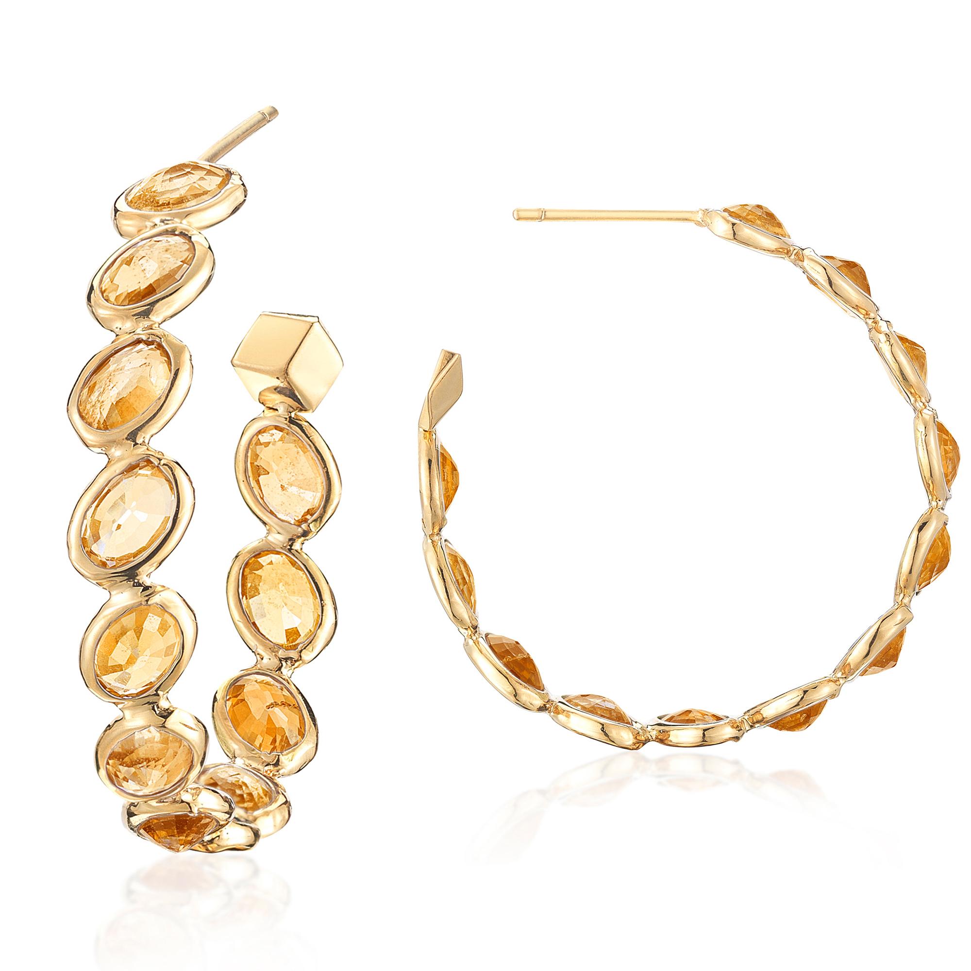 Oval Cut Paolo Costagli 18 Karat Yellow Gold Orange Sapphire Ombre Hoop Earrings, Medium For Sale