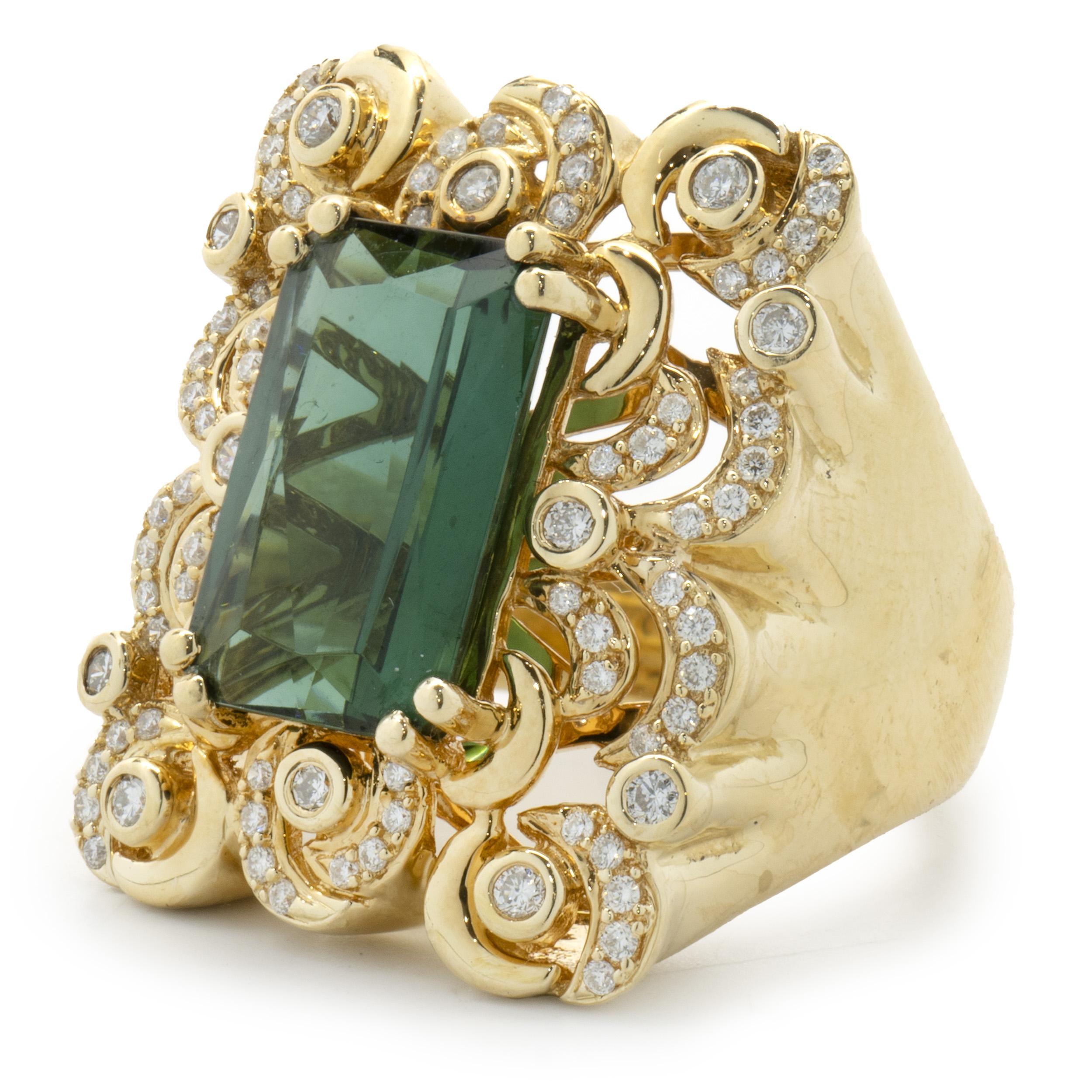 Designer: custom design
Material: 18K yellow gold
Diamond: 68 round brilliant cut = 0.68cttw
Color: G
Clarity: VS1-2
Green Tourmaline: 1 emerald cut = 5.00ct
Dimensions: ring top measures 25mm wide
Ring Size: 7 (please allow two extra shipping days