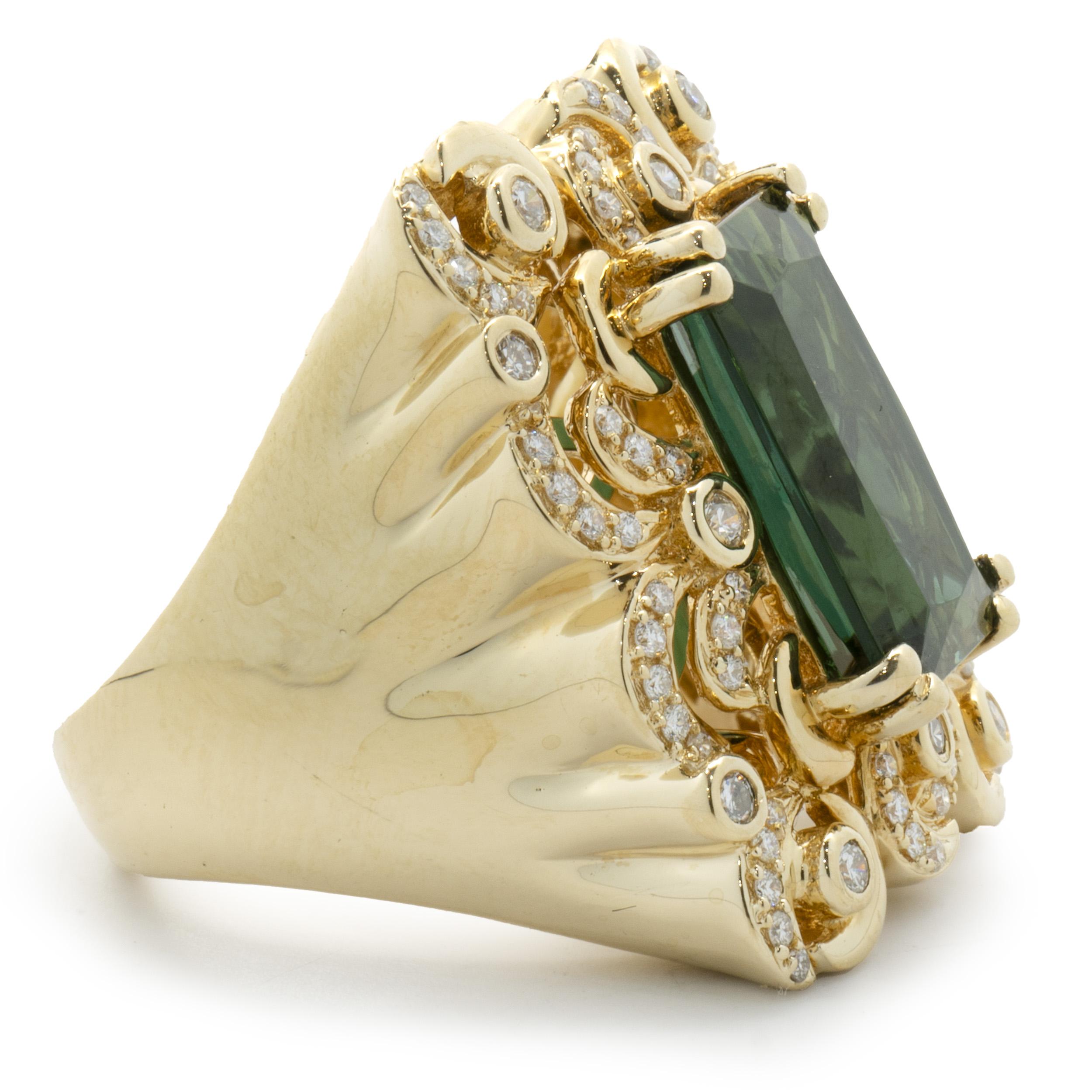 Emerald Cut 18 Karat Yellow Gold Ornate Green Tourmaline and Diamond Rectangle Cocktail Ring For Sale