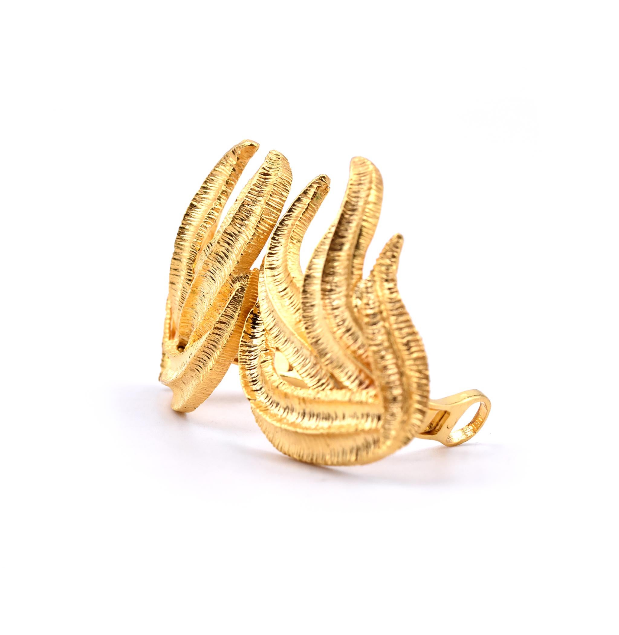 Designer: custom
Material: 18k yellow gold
Dimensions: earrings measure 36 X 30mm 
Fastenings: non-pierced omega backs
Weight: 24.14 grams