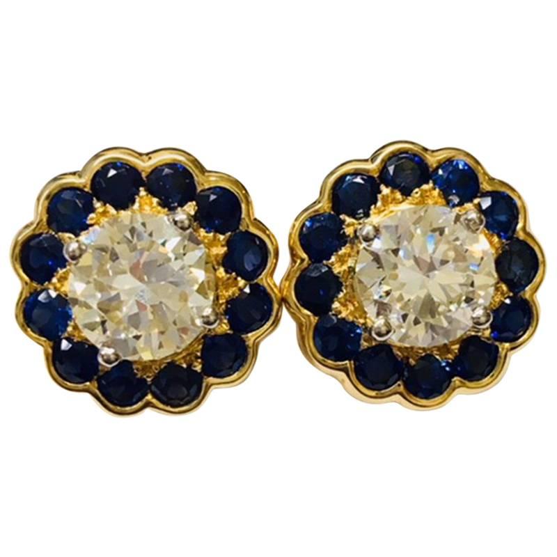 18 Karat Yellow Gold Oscar Heyman 2.68 Total Carat Diamond and Sapphire Earrings For Sale
