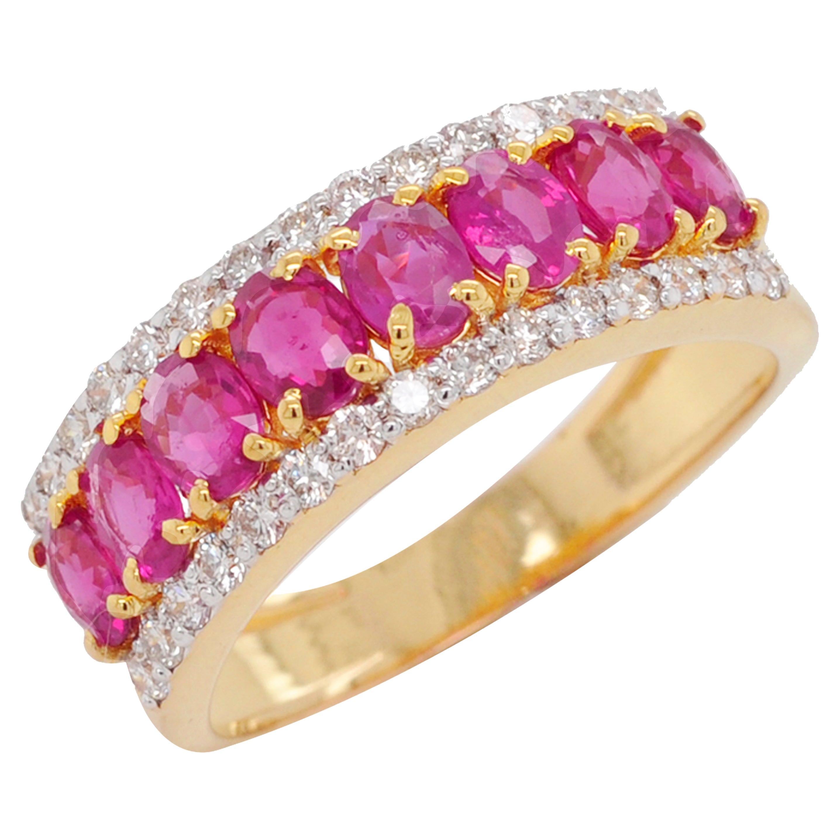 For Sale:  18 Karat Yellow Gold Oval Ruby Diamond Cluster Band Ring