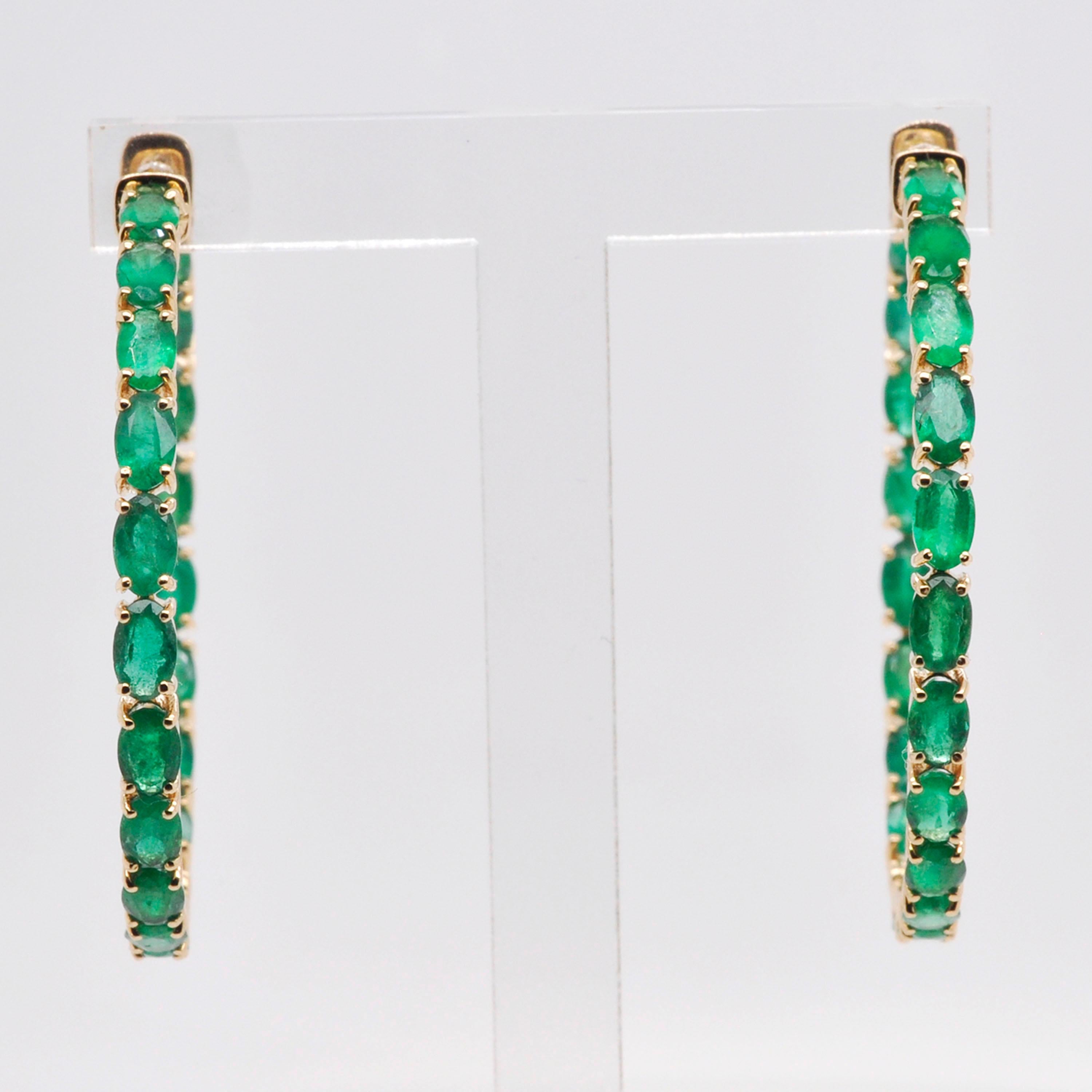 18 Karat Yellow Gold Oval Brazilian Emeralds Hoop Earrings For Sale 4