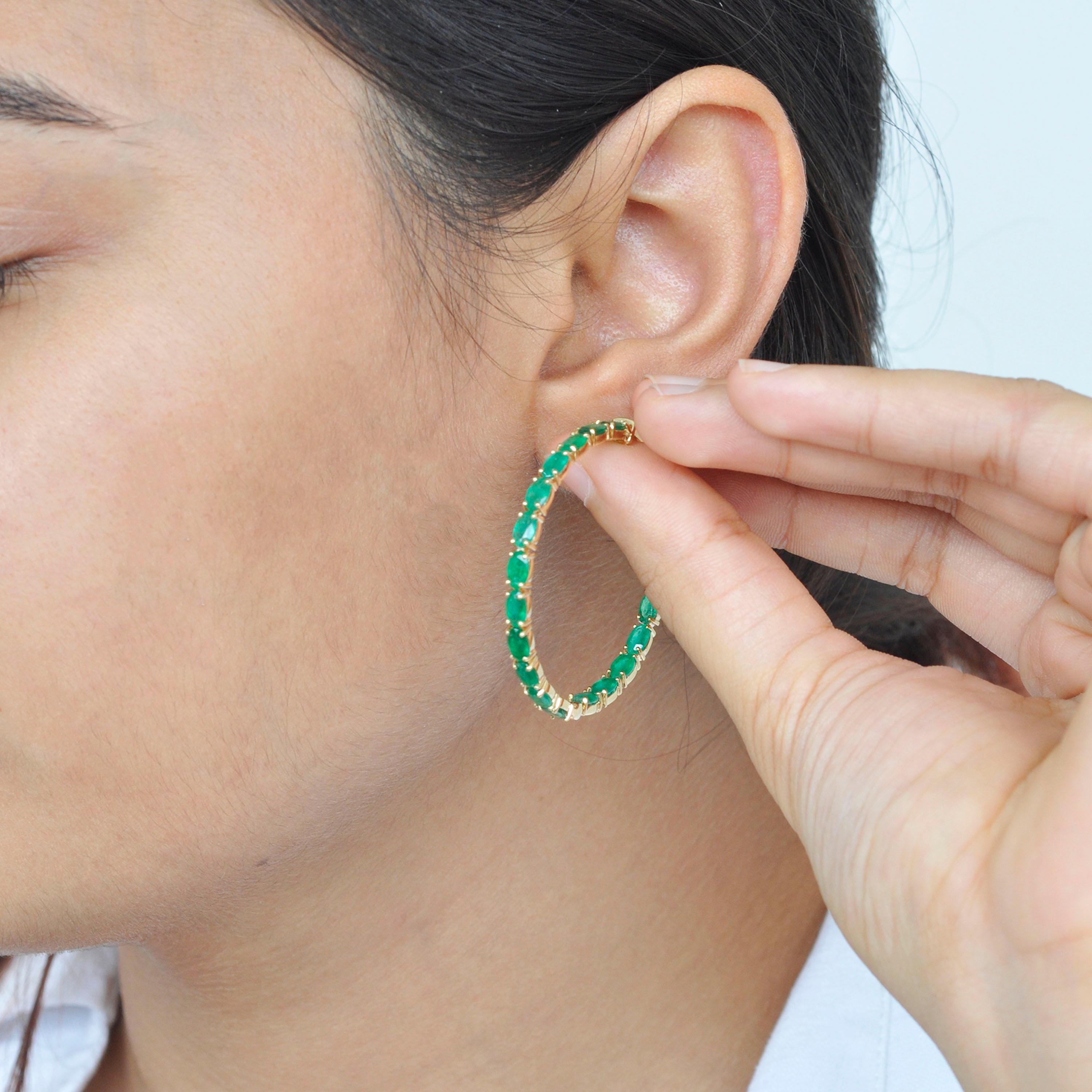 18 Karat Yellow Gold Oval Brazilian Emeralds Hoop Earrings For Sale 6