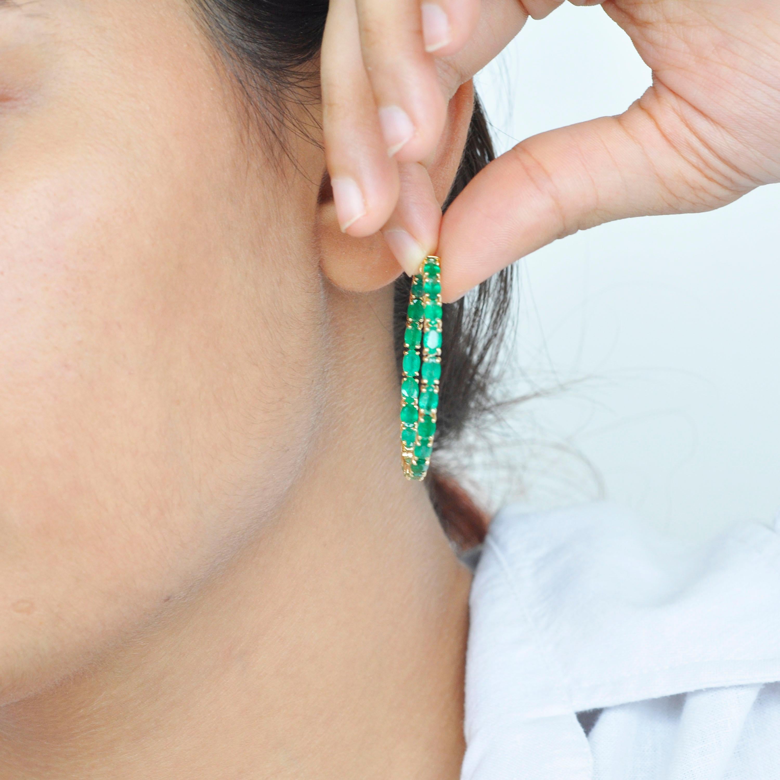 18 Karat Yellow Gold Oval Brazilian Emeralds Hoop Earrings For Sale 8