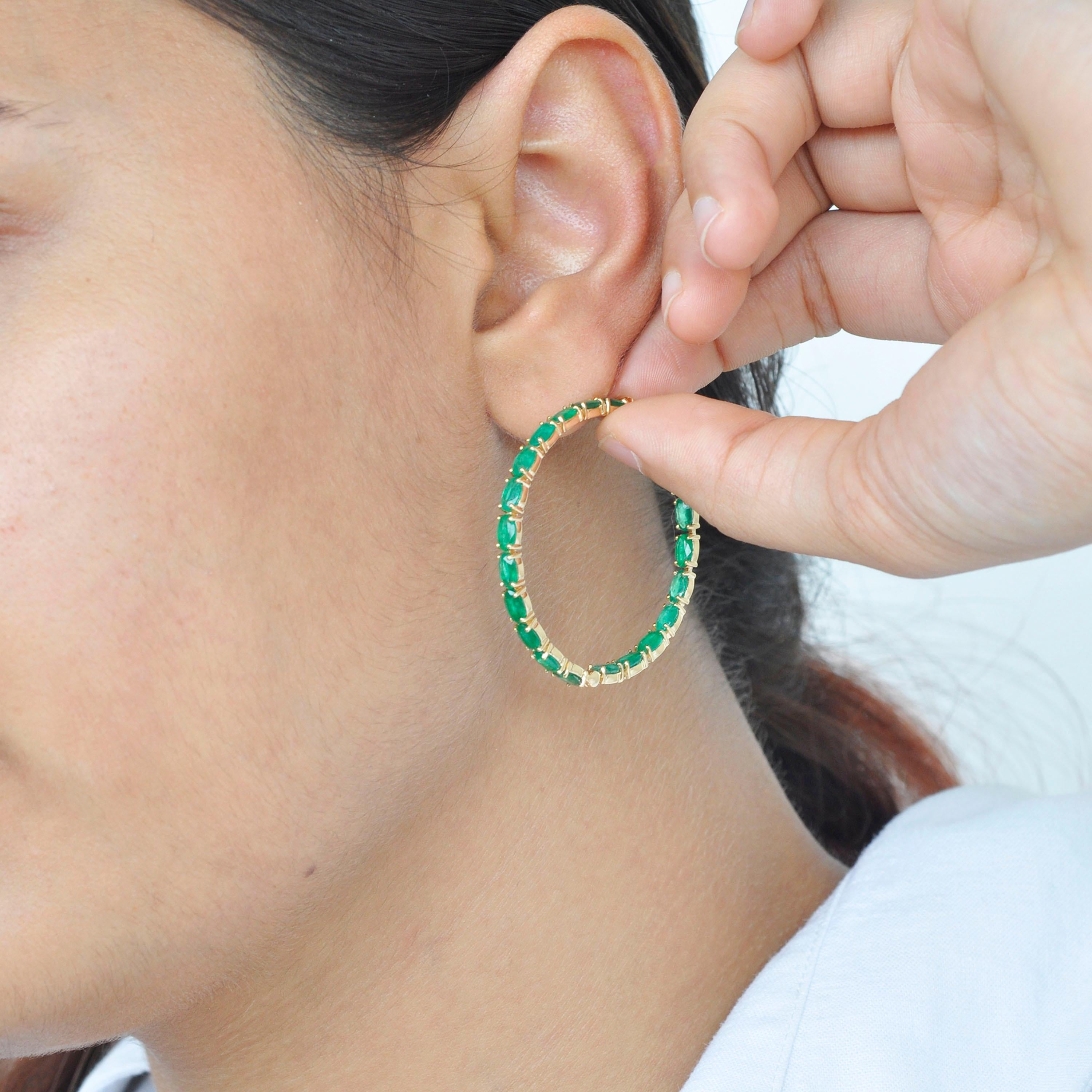 18 Karat Yellow Gold Oval Brazilian Emeralds Hoop Earrings For Sale 9
