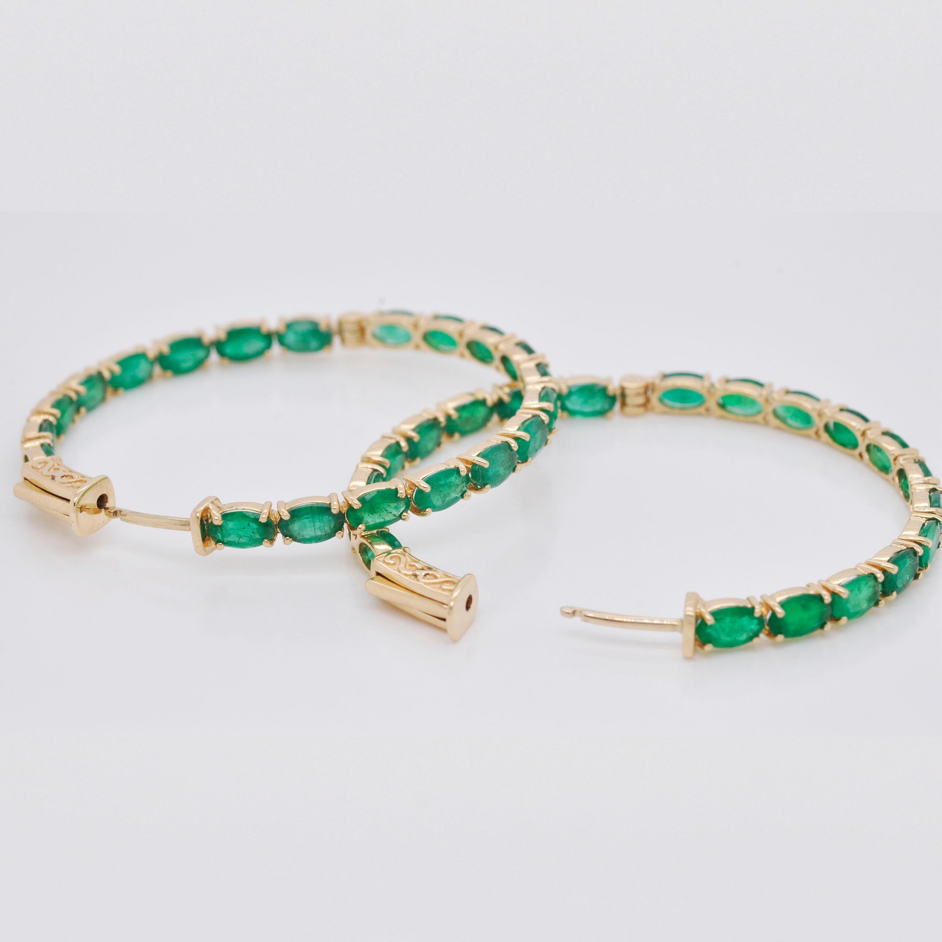 Oval Cut 18 Karat Yellow Gold Oval Brazilian Emeralds Hoop Earrings For Sale