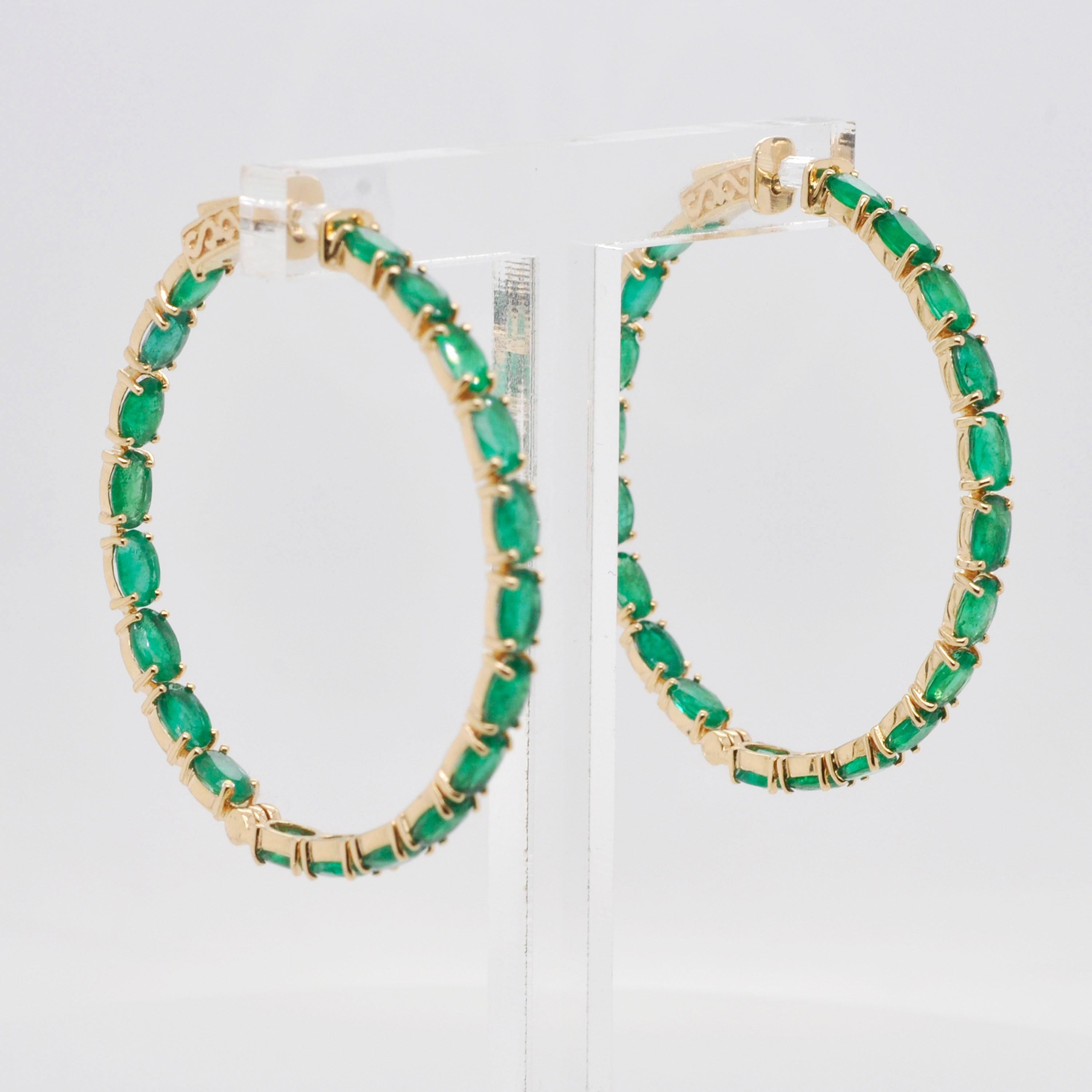 Women's 18 Karat Yellow Gold Oval Brazilian Emeralds Hoop Earrings For Sale