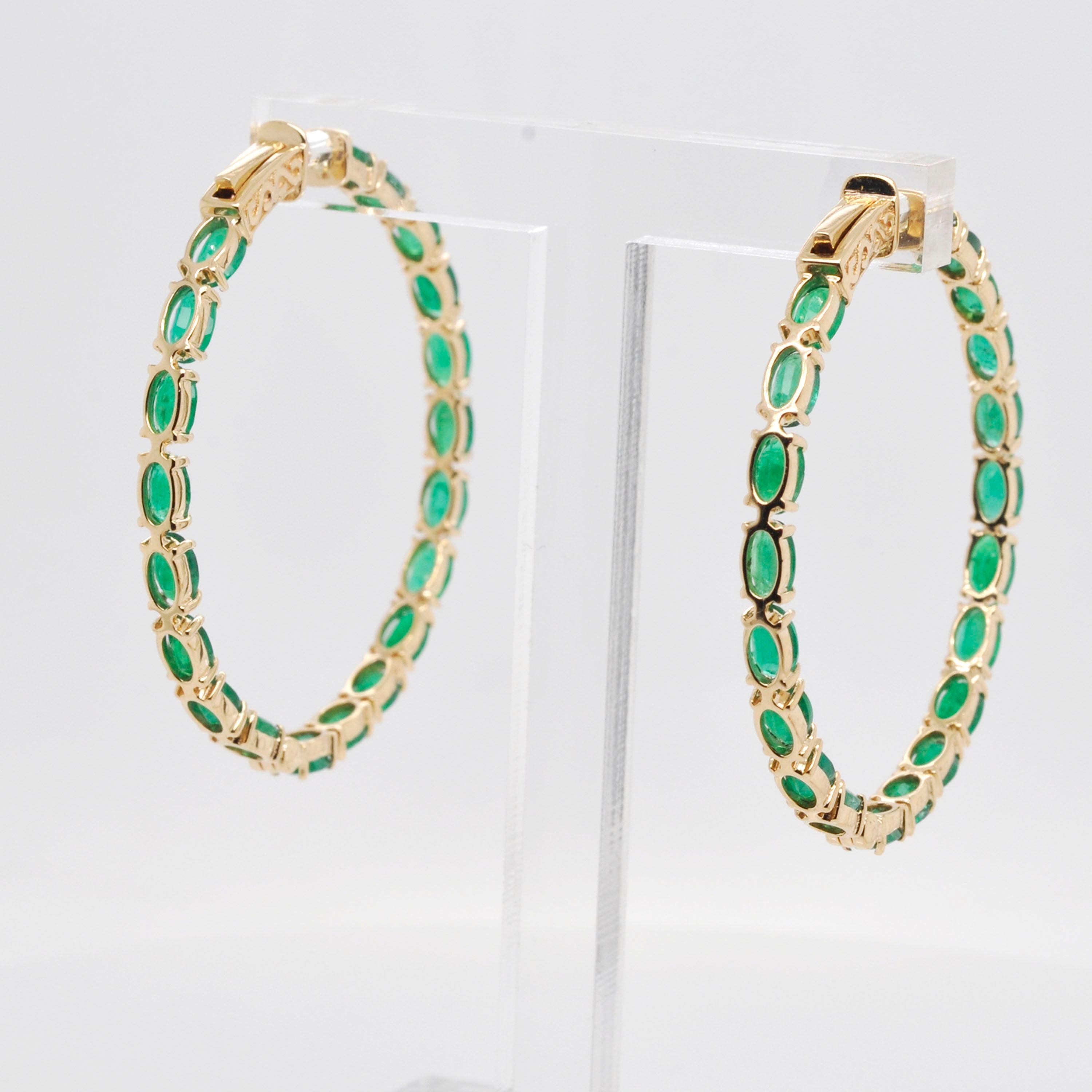 18 Karat Yellow Gold Oval Brazilian Emeralds Hoop Earrings For Sale 2