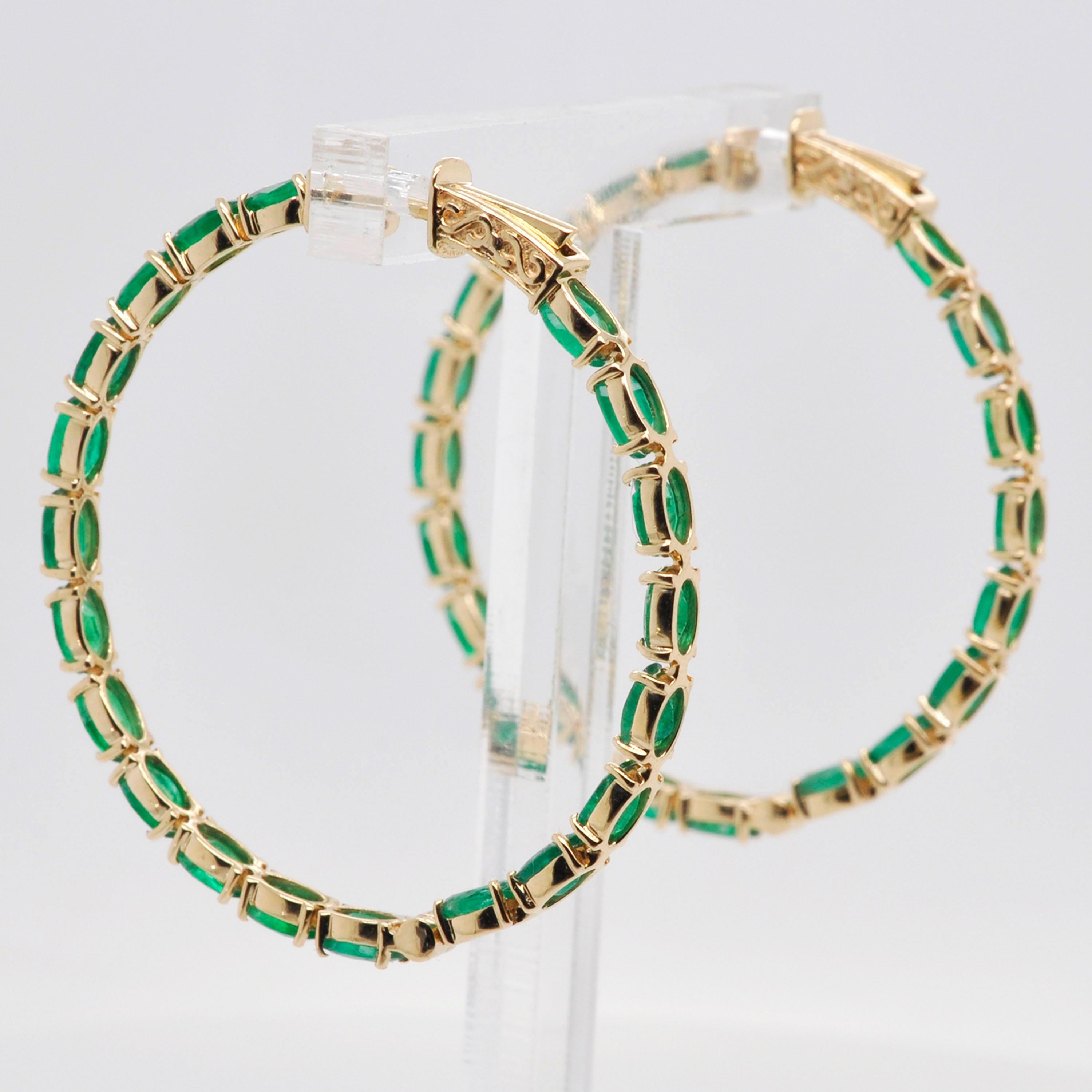 18 Karat Yellow Gold Oval Brazilian Emeralds Hoop Earrings For Sale 3