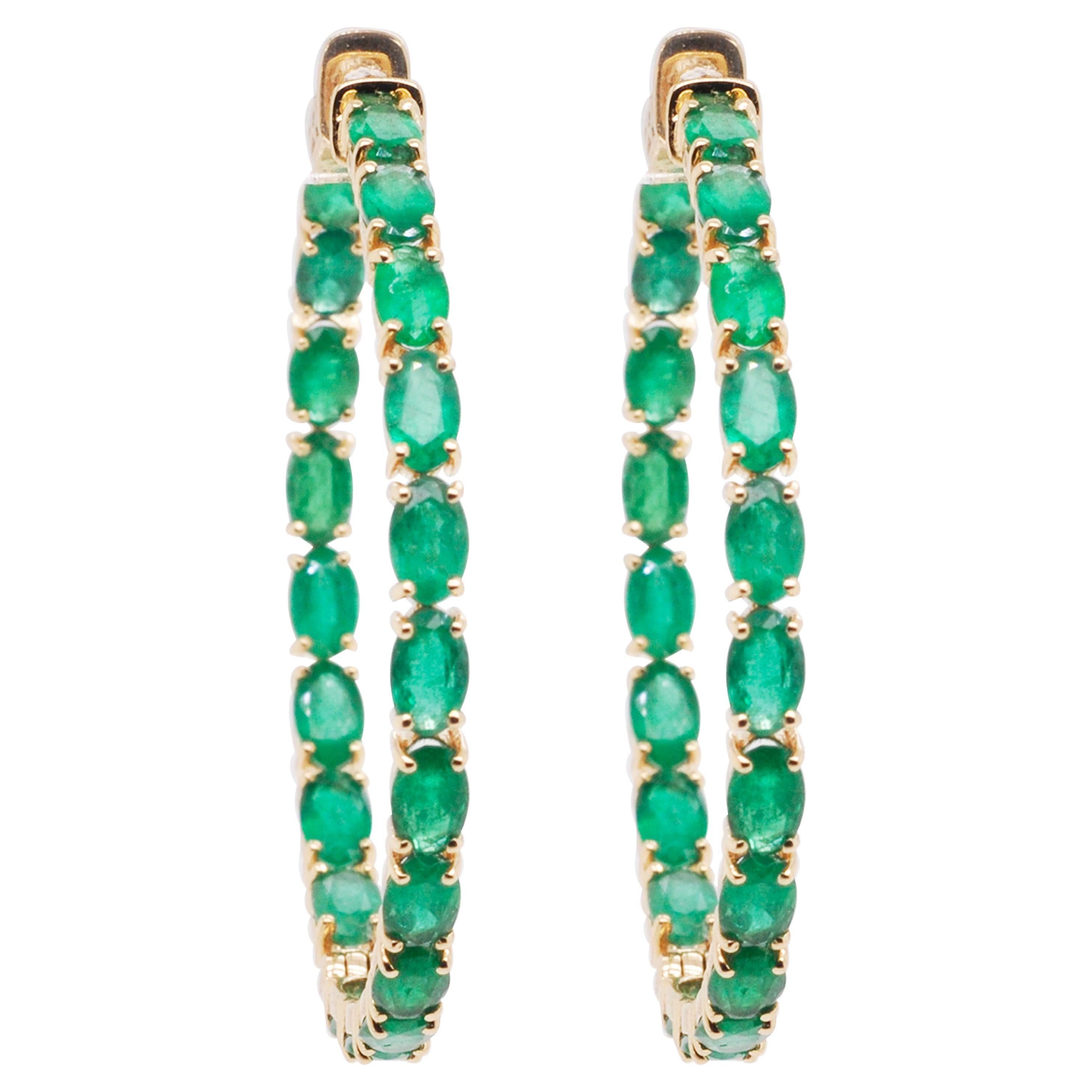 18 Karat Yellow Gold Oval Brazilian Emeralds Hoop Earrings For Sale
