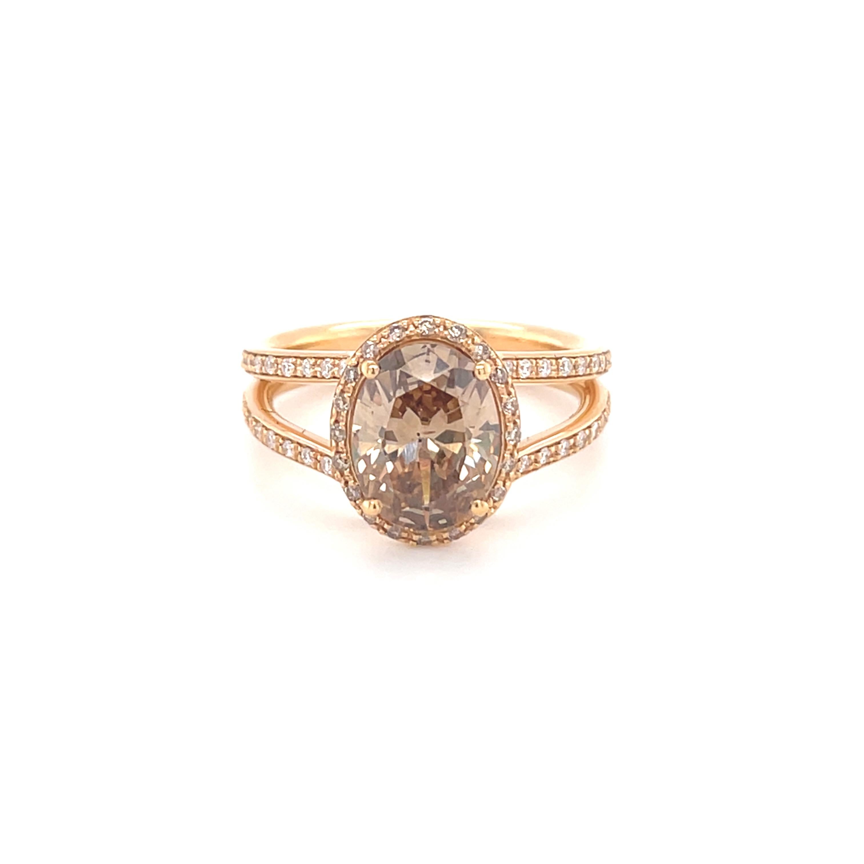 Women's 18 Karat Yellow Gold Oval Brown 2.07 Carat Diamond Solitaire Ring For Sale