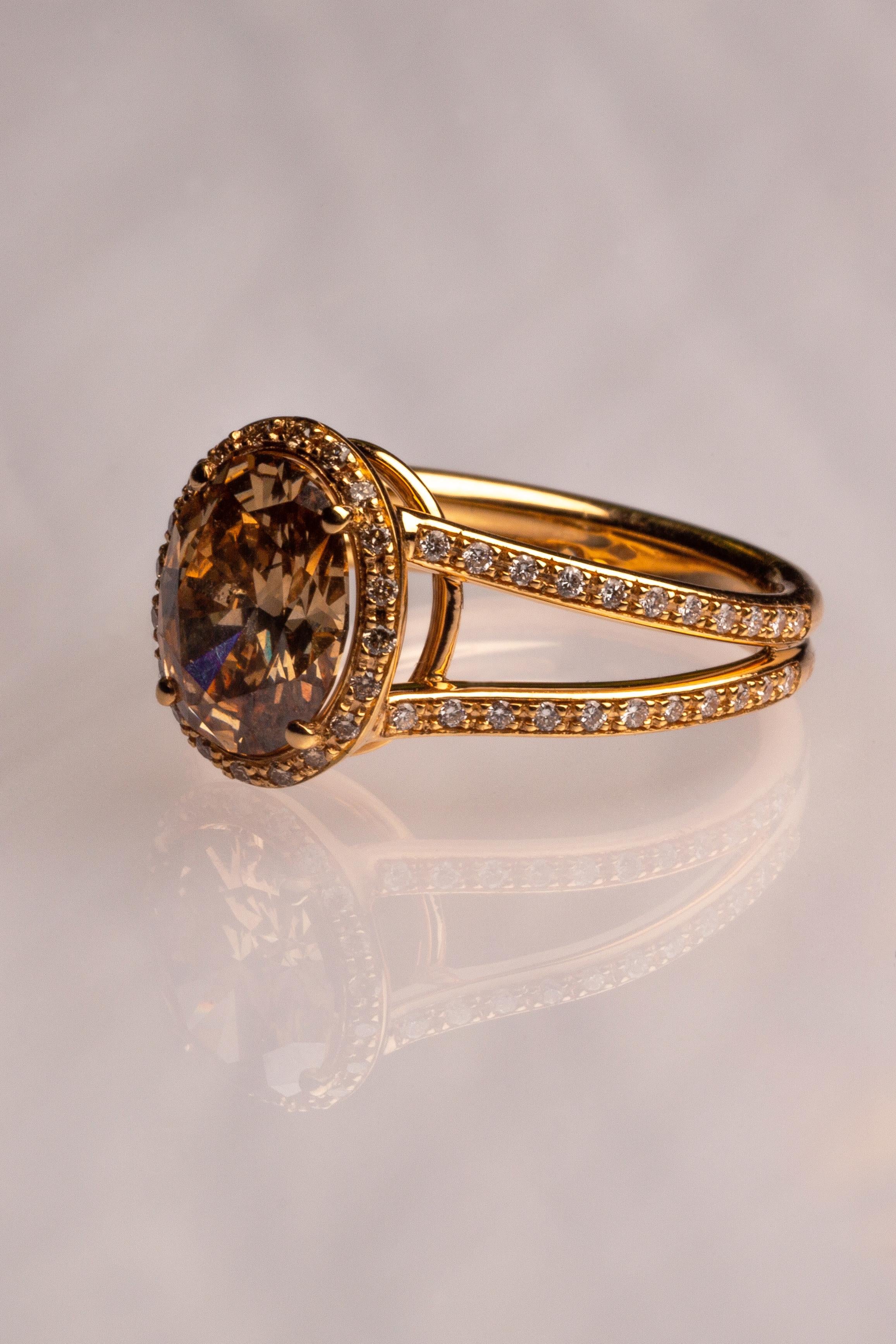 18 Karat Gelbgold Oval Braun 2,07 Karat Diamant Solitär Ring im Zustand „Neu“ im Angebot in Monte-Carlo, MC