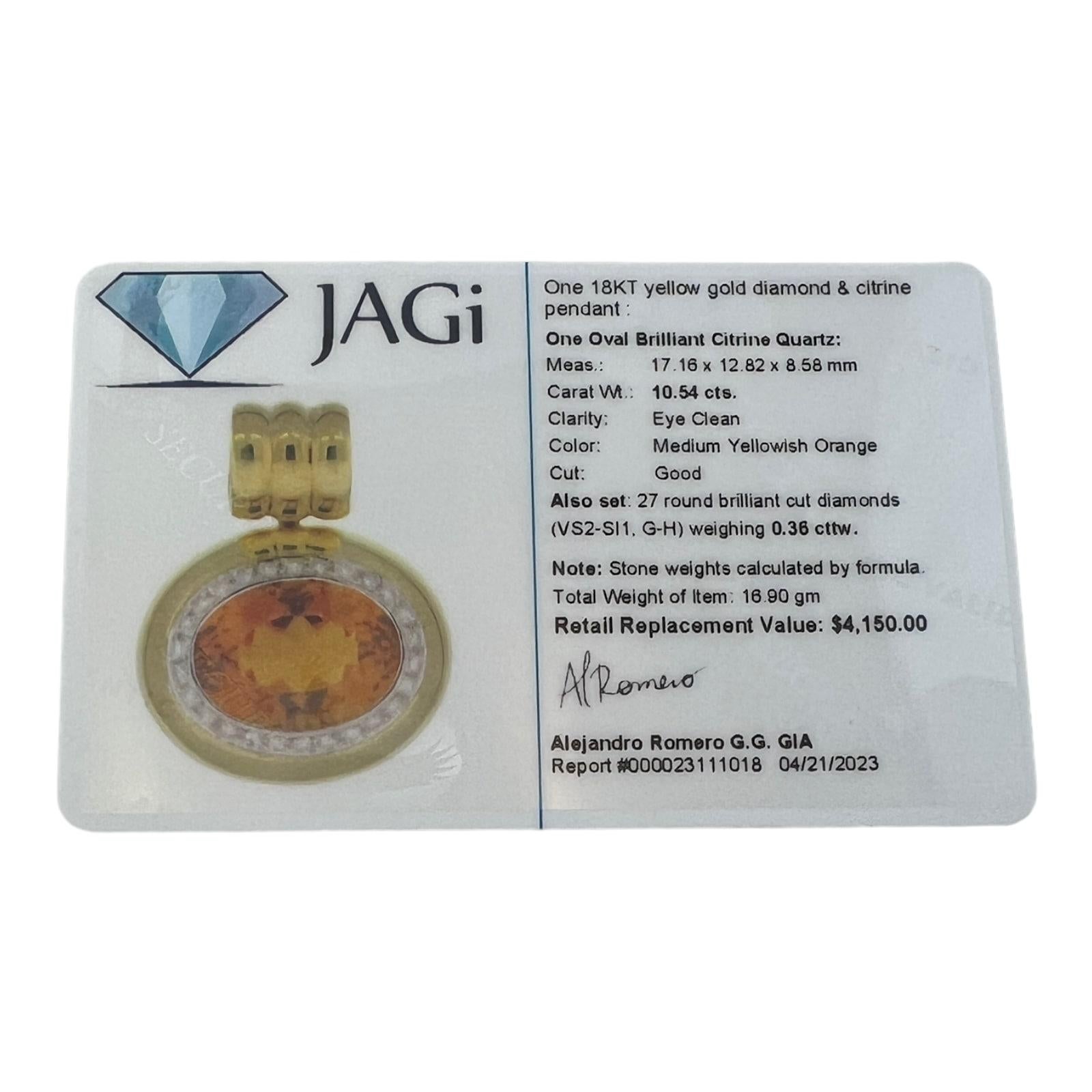  18 Karat Yellow Gold Oval Citrine and Diamond Pendant For Sale 5
