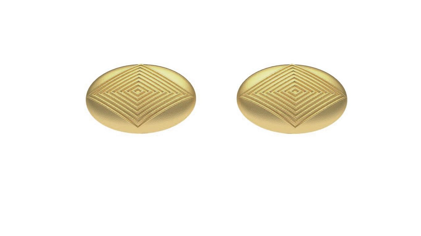 18ky Gold Rhombus Domed Cufflinks,  ck-007 My favorite shape, the rhombus exploited onto a oval dome. Stretching  around the dome for dynamic shaping. polished  or matte satin.  Made to order. Please allow 3 weeks for delivery.

