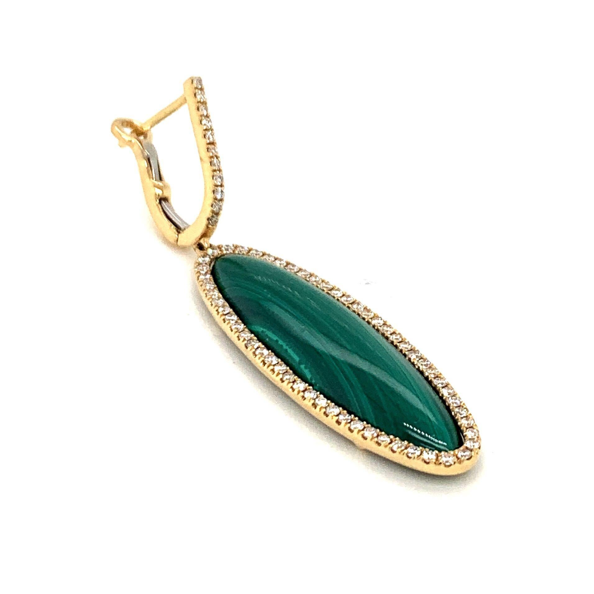 Contemporary 18 Karat Yellow Gold Oval Drop Earrings with Cabochon Malachite and Diamonds For Sale