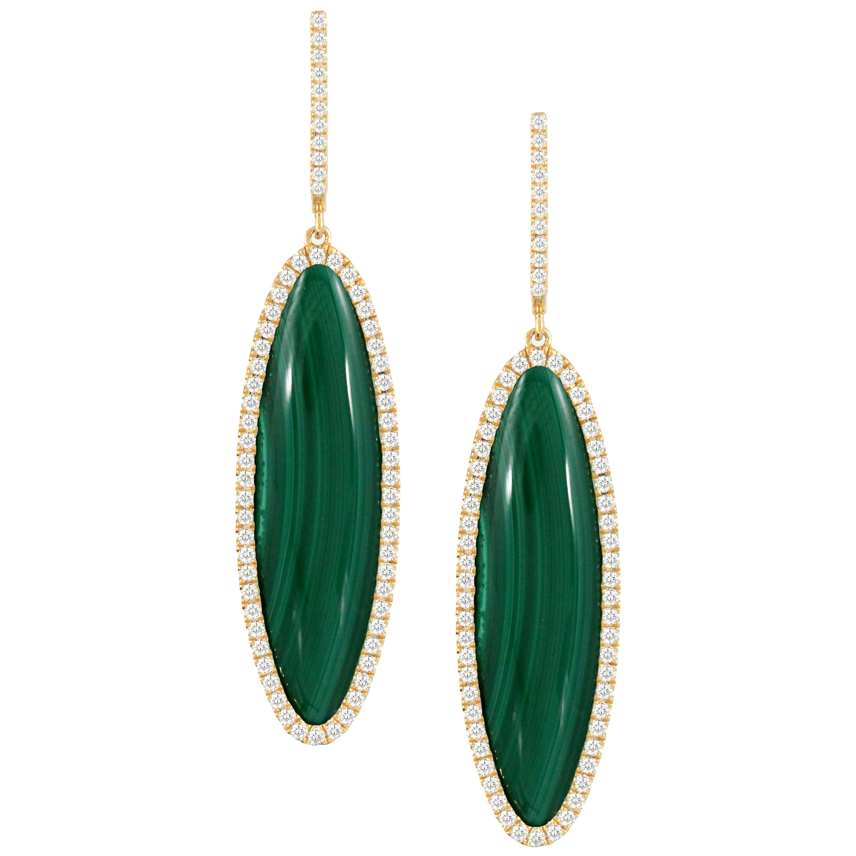 18 Karat Yellow Gold Oval Drop Earrings with Cabochon Malachite and Diamonds For Sale