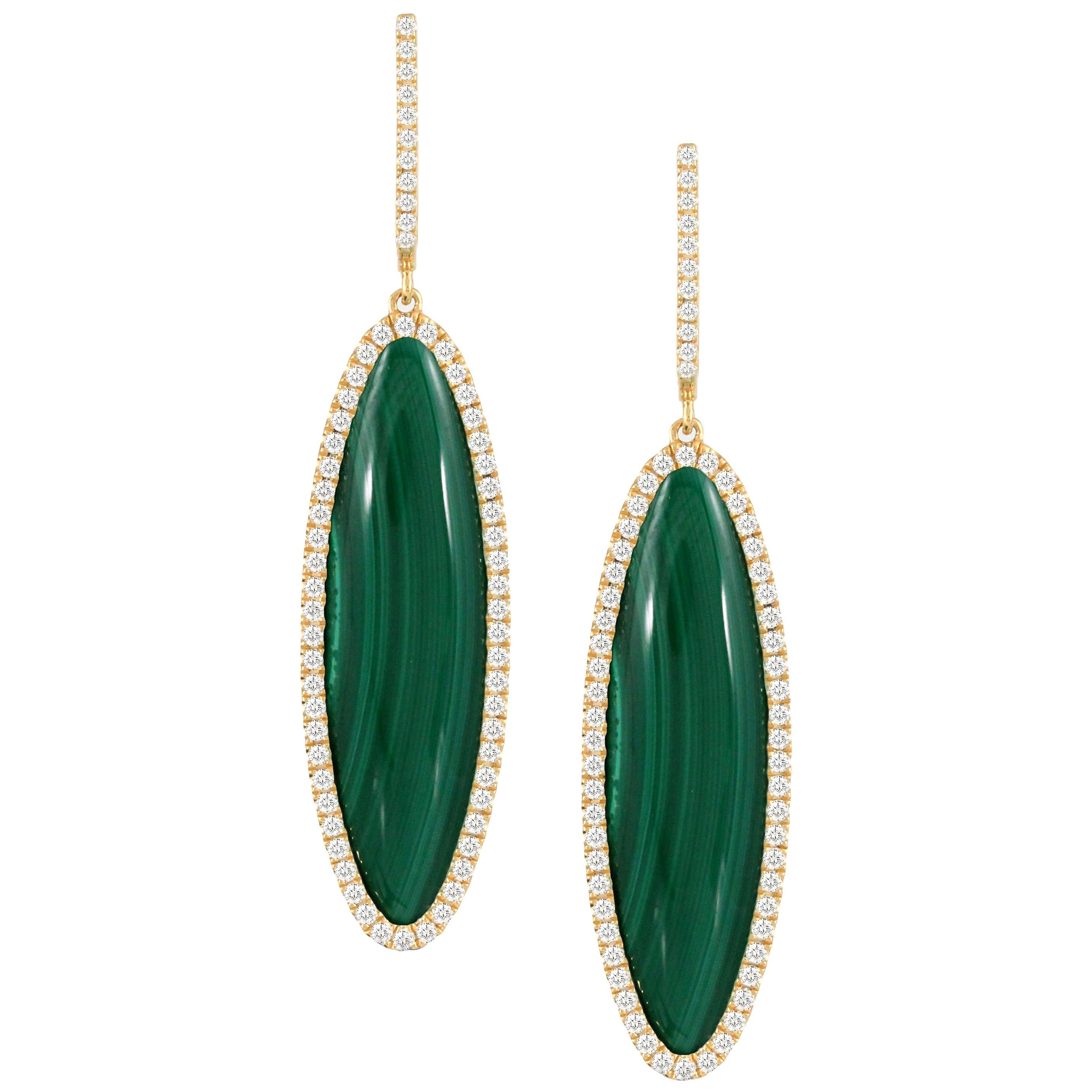 18 Karat Yellow Gold Oval Drop Earrings with Cabochon Malachite and Diamonds For Sale