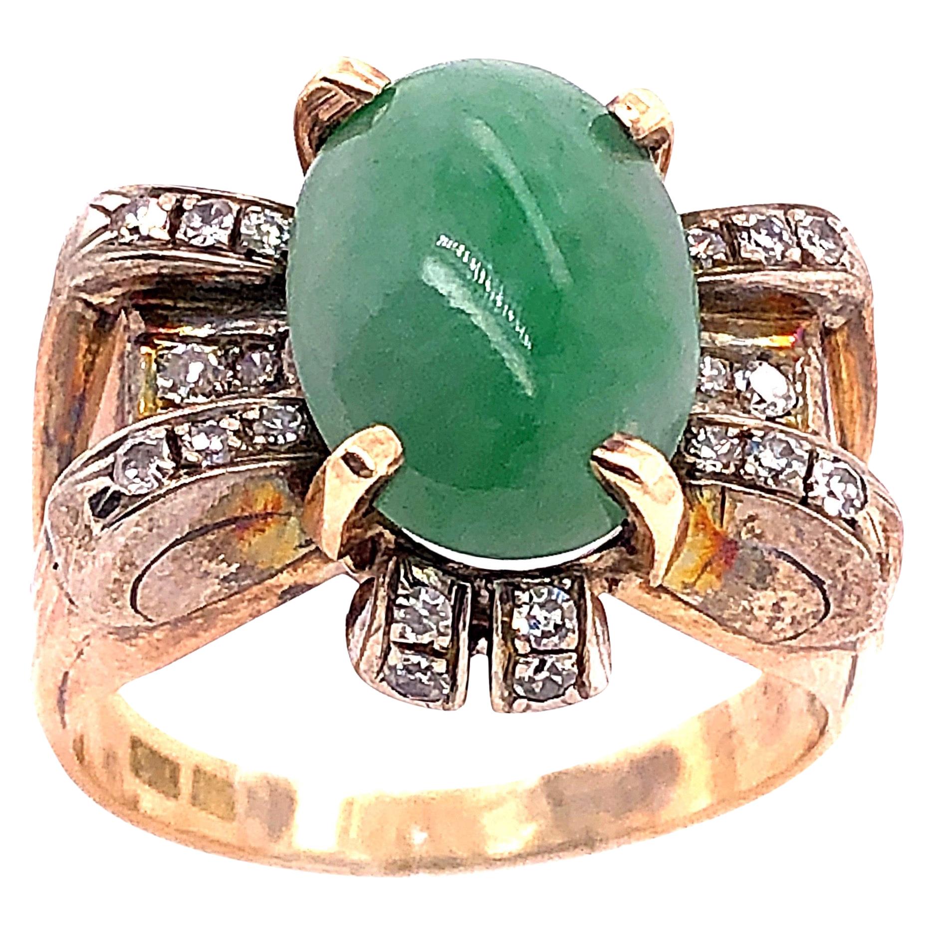 18 Karat Yellow Gold Oval Jade Solitaire Ring with Diamond Accents