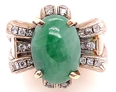 18 Karat Yellow Gold Oval Jade Solitaire Ring with Diamond Accents