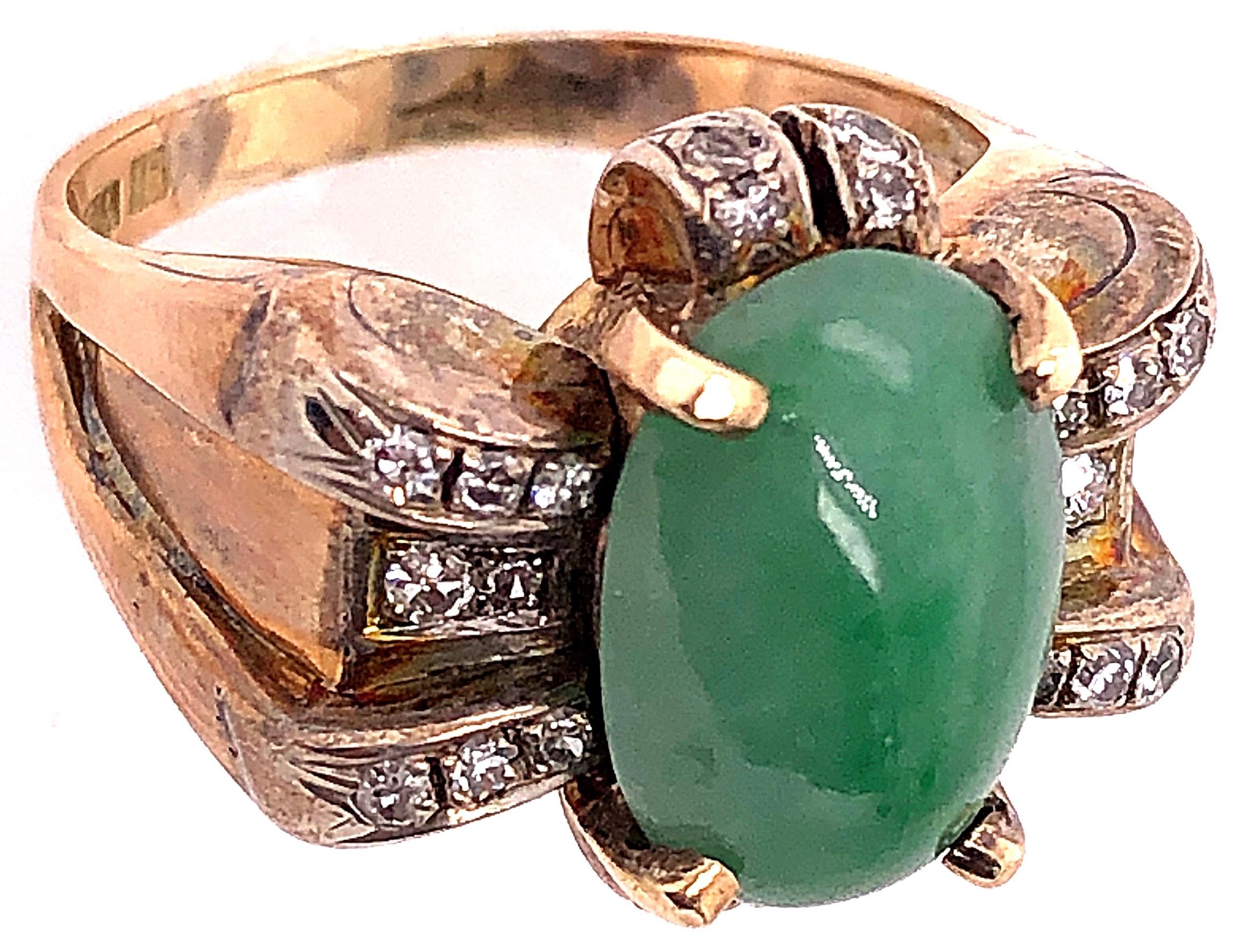 Contemporary 18 Karat Yellow Gold Oval Jade Solitaire Ring with Diamond Accents For Sale