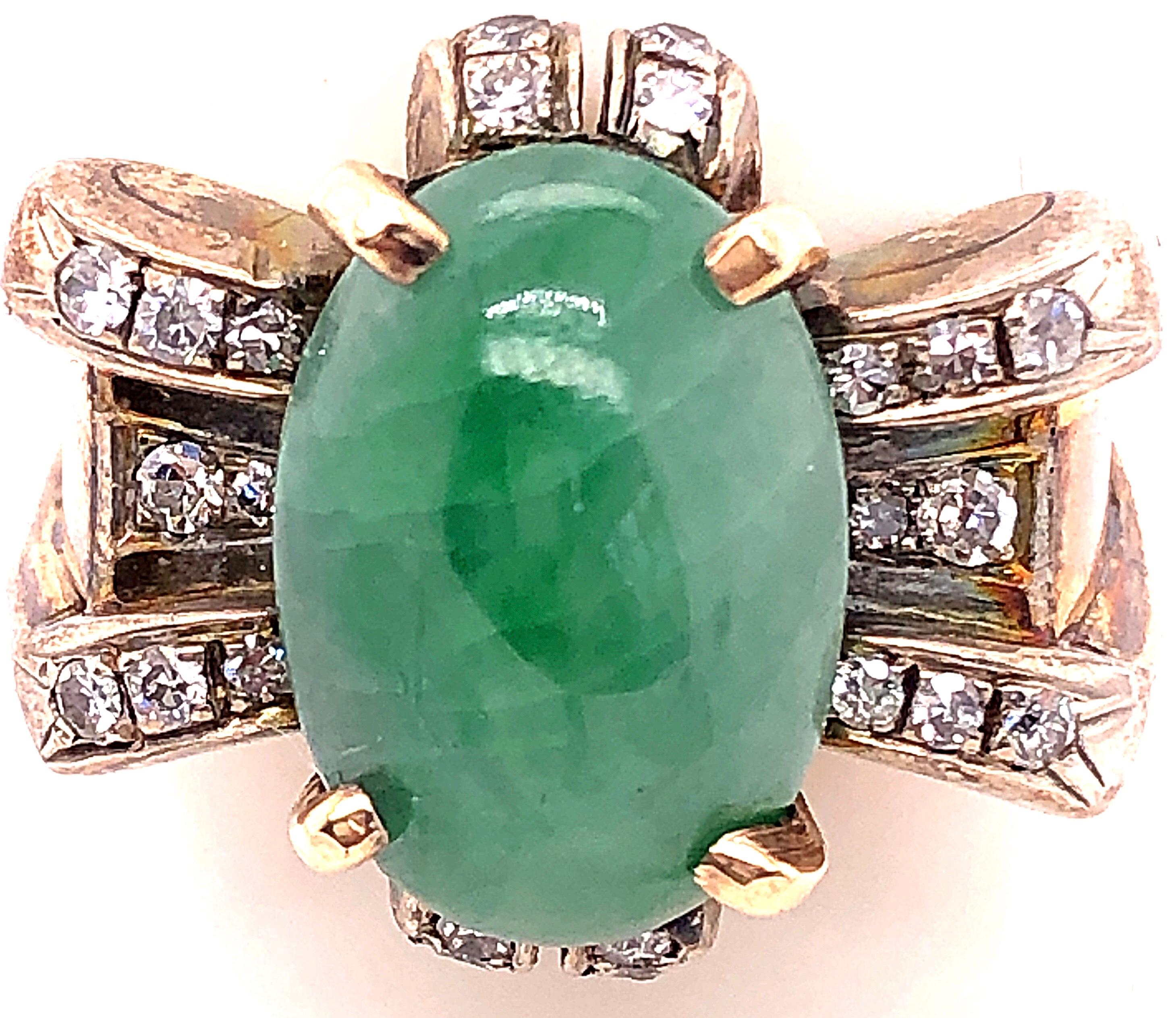 Women's or Men's 18 Karat Yellow Gold Oval Jade Solitaire Ring with Diamond Accents For Sale