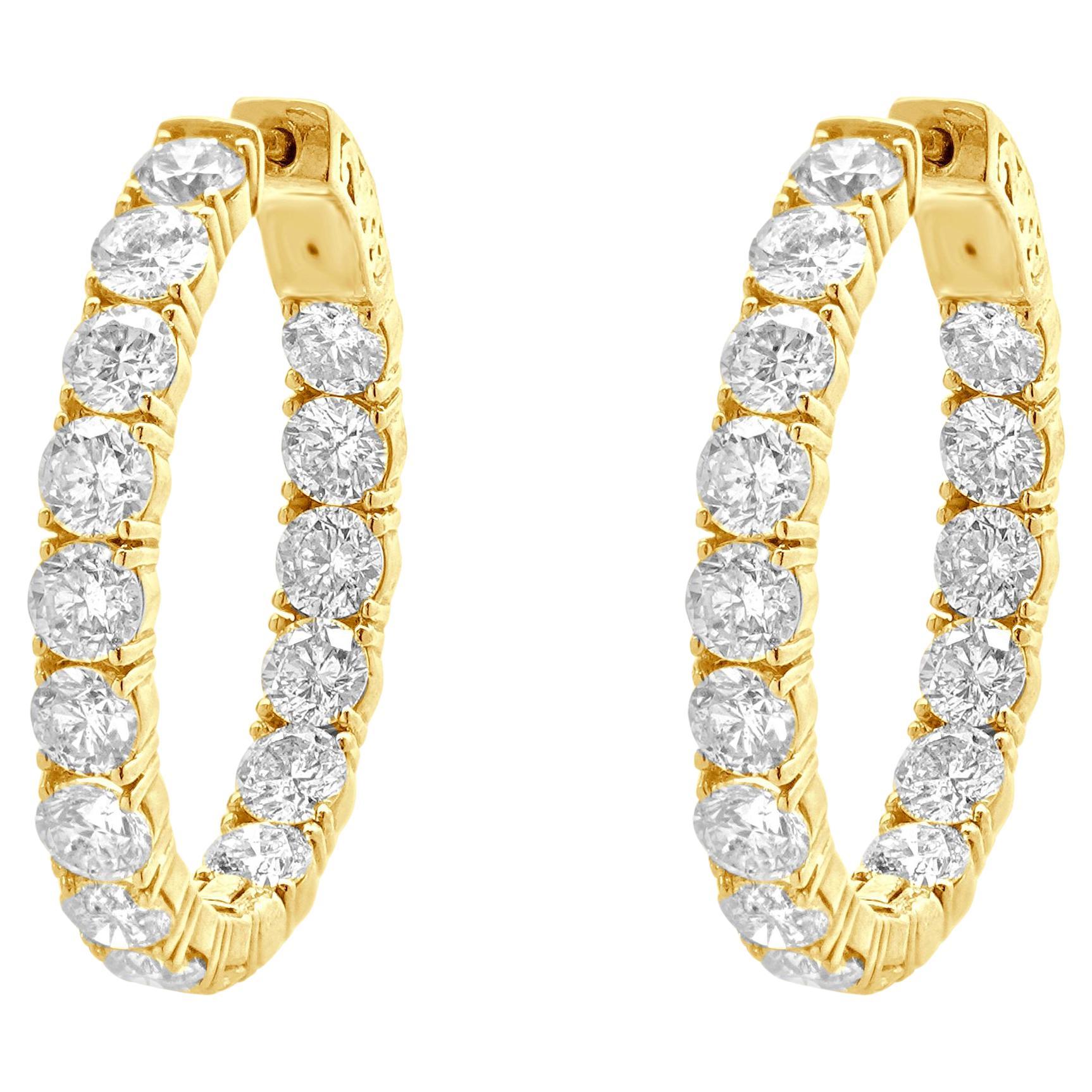 18 Karat Yellow Gold Oval Shape Diamond Inside Outside Hoop Earrings