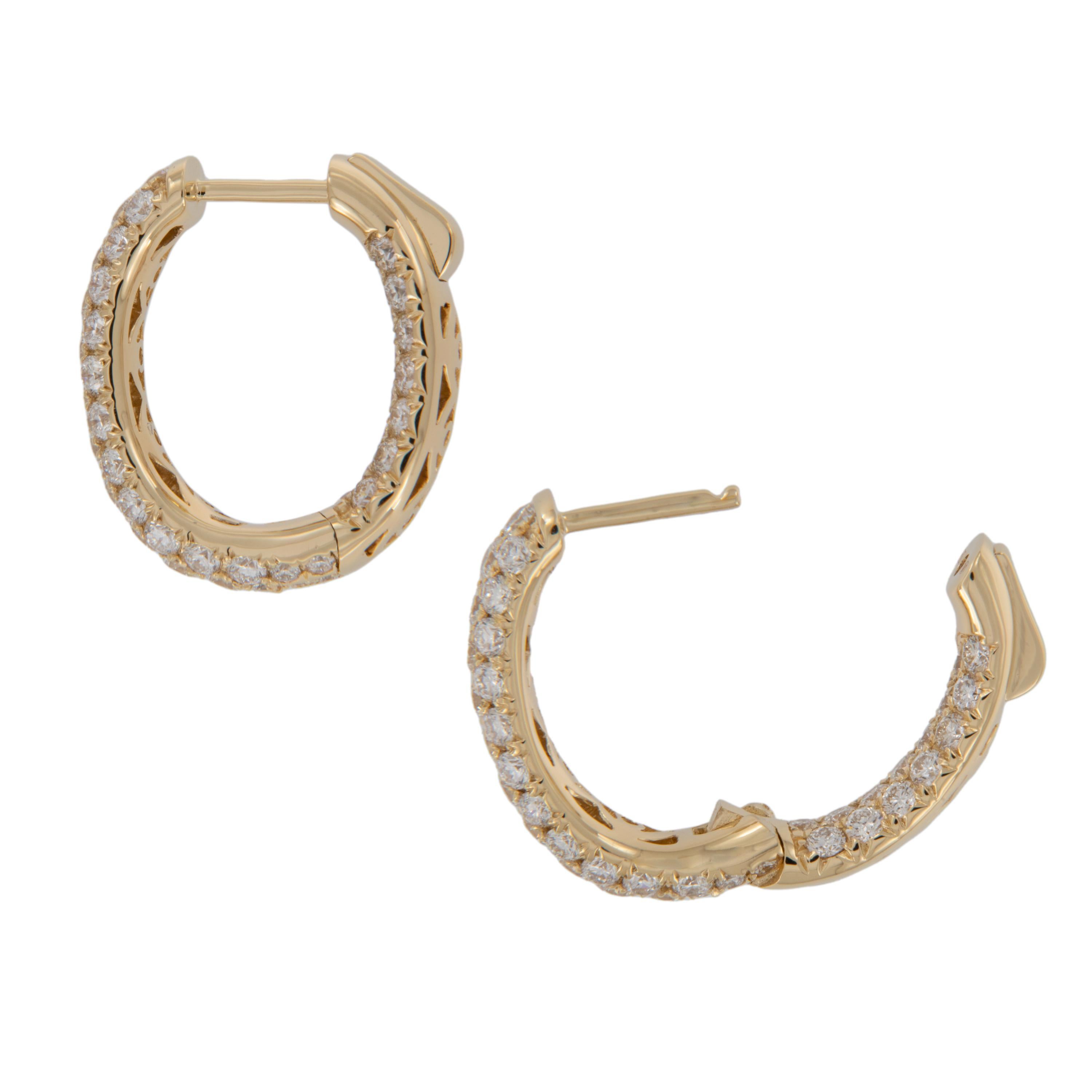 Made from royal 18 karat yellow gold, these pave' set (literally meaning paved with diamonds) inside outside diamond hoops with 122 RBC diamonds = 3.05 Cttw are meant to turn heads with the diamonds glimmering from all directions! Elegant oval