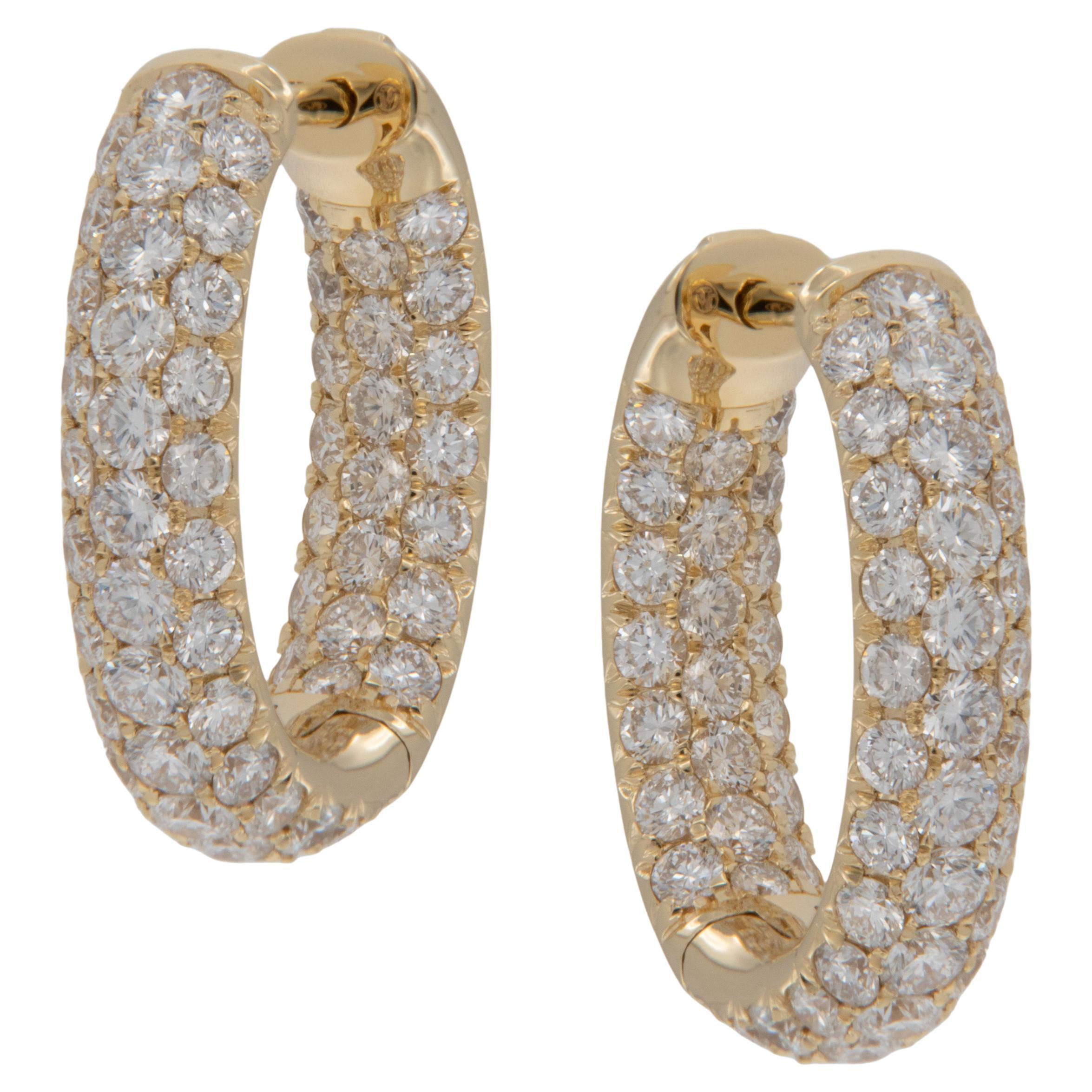 18 Karat Yellow Gold Oval Shape Inside Outside 3.05 Cttw Diamond Hoop Earrings 