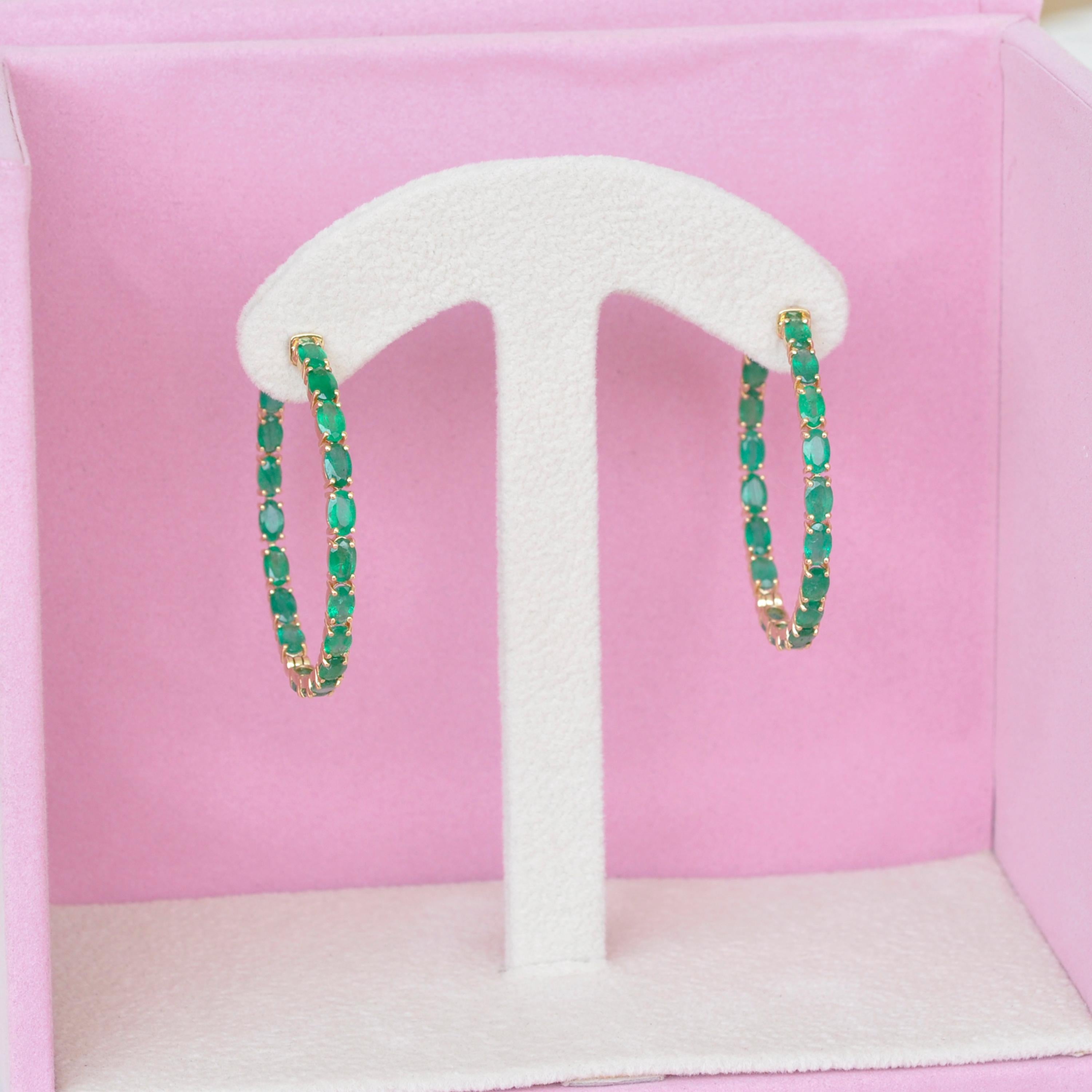 18 Karat Yellow Gold Oval Zambian Emeralds Hoop Earrings For Sale 5