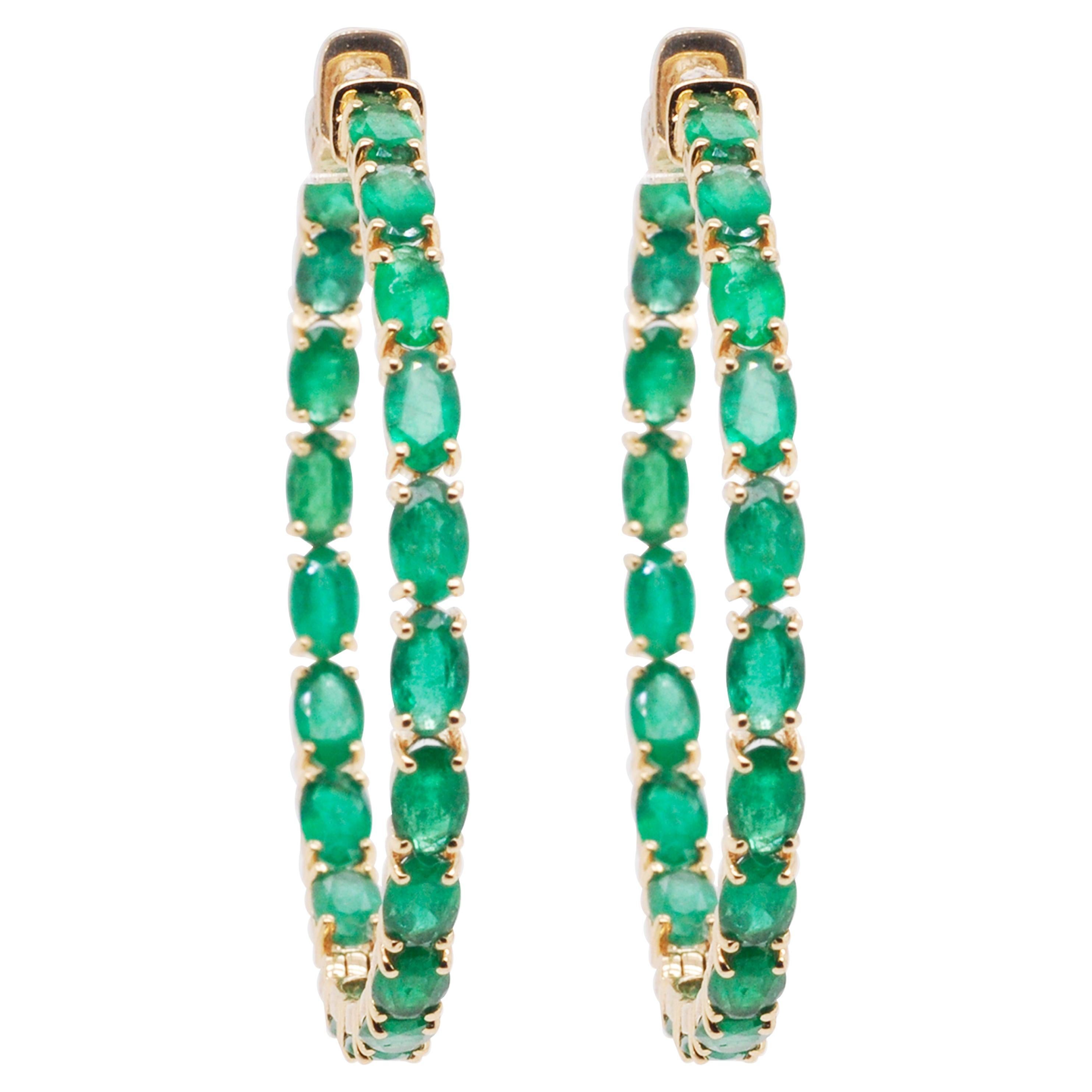 18 Karat Yellow Gold Oval Zambian Emeralds Hoop Earrings For Sale