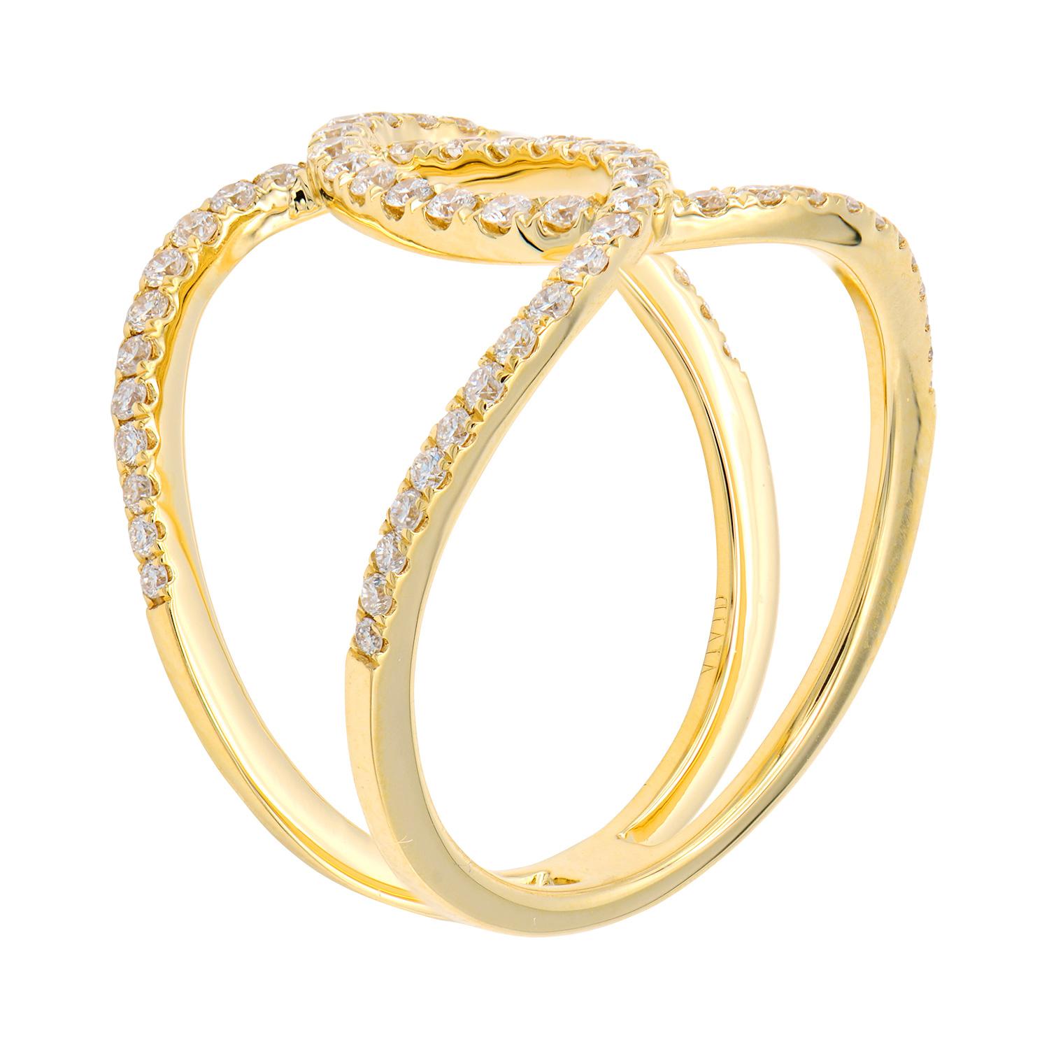 This beautiful fashionable ring appears as if two loops are overlapping each other to make a stunning design. This ring is size 6.5 and has 62 round VS2, G color diamonds totaling 0.47 carats which are set in 3.4 grams of 18 karat yellow gold. 