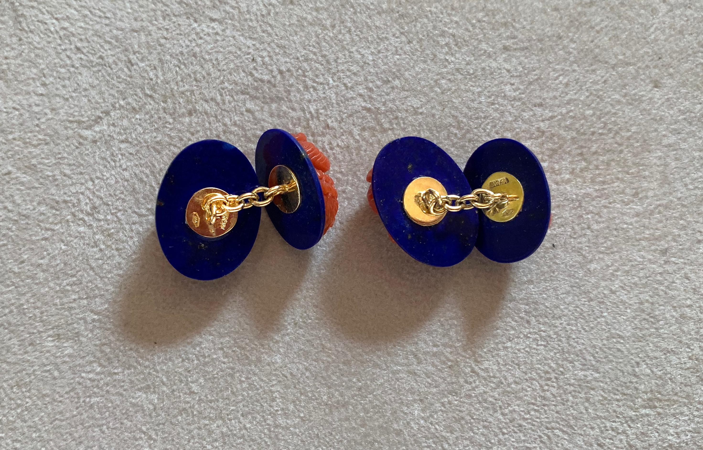 18 Karat Yellow Gold Owl in Mediterranean Coral Lapis Lazuli Diamonds Cufflinks 1