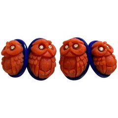 18 Karat Yellow Gold Owl in Mediterranean Coral Lapis Lazuli Diamonds Cufflinks