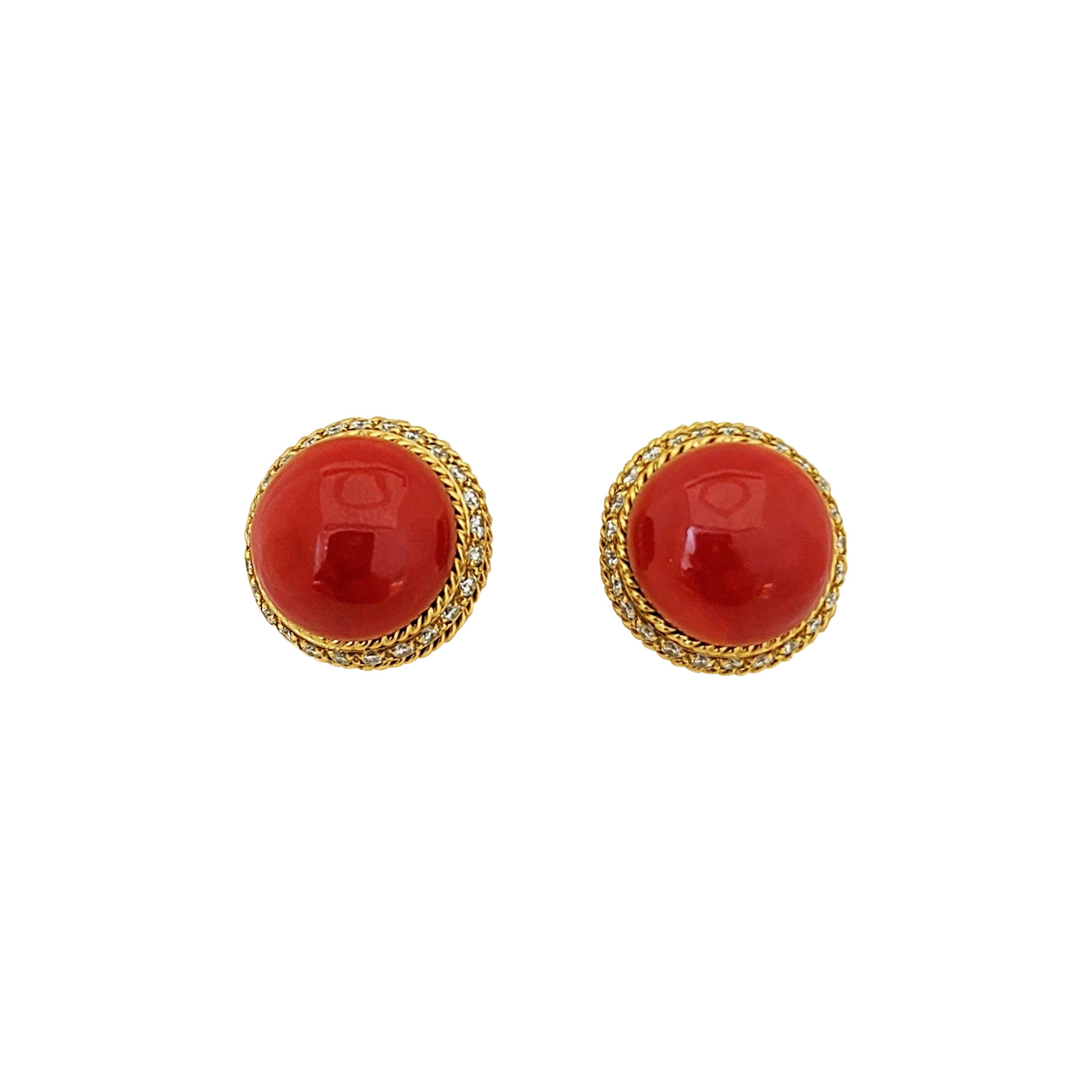 18 Karat Yellow Gold Oxblood Coral Earrings with 2.08 Carat Diamonds For Sale