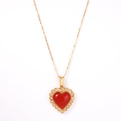 18 Karat Yellow Gold Japanese Red Coral Heart Shape Pendant Top with Diamonds
