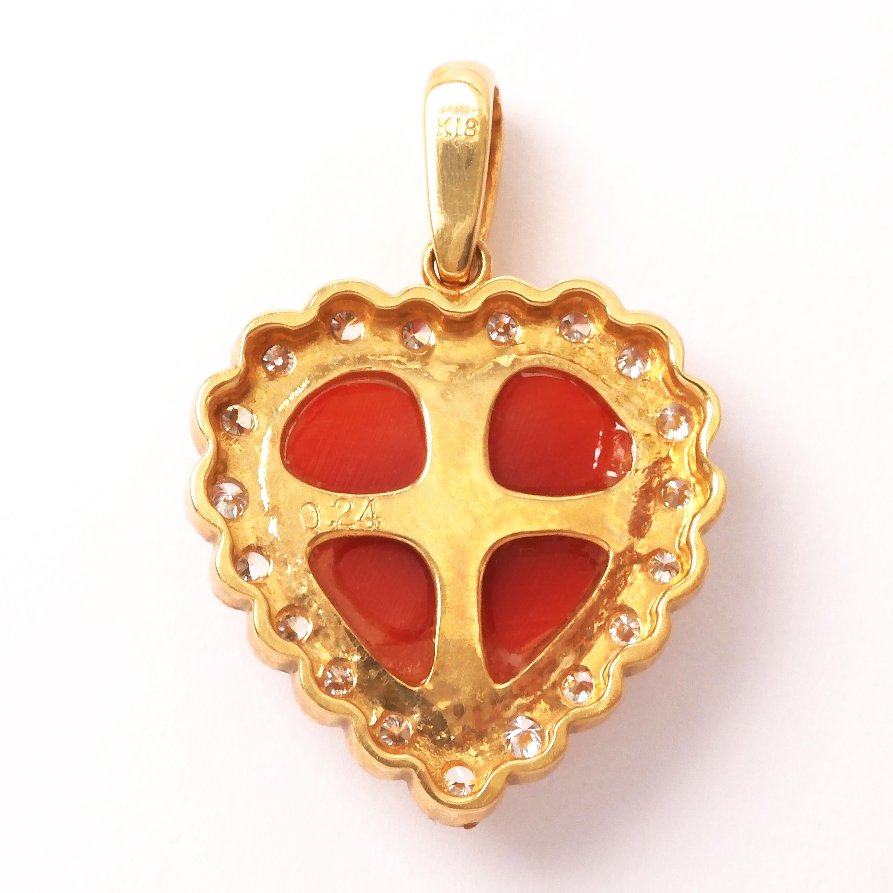 Heart Cut 18 Karat Yellow Gold Japanese Red Coral Heart Shape Pendant Top with Diamonds For Sale