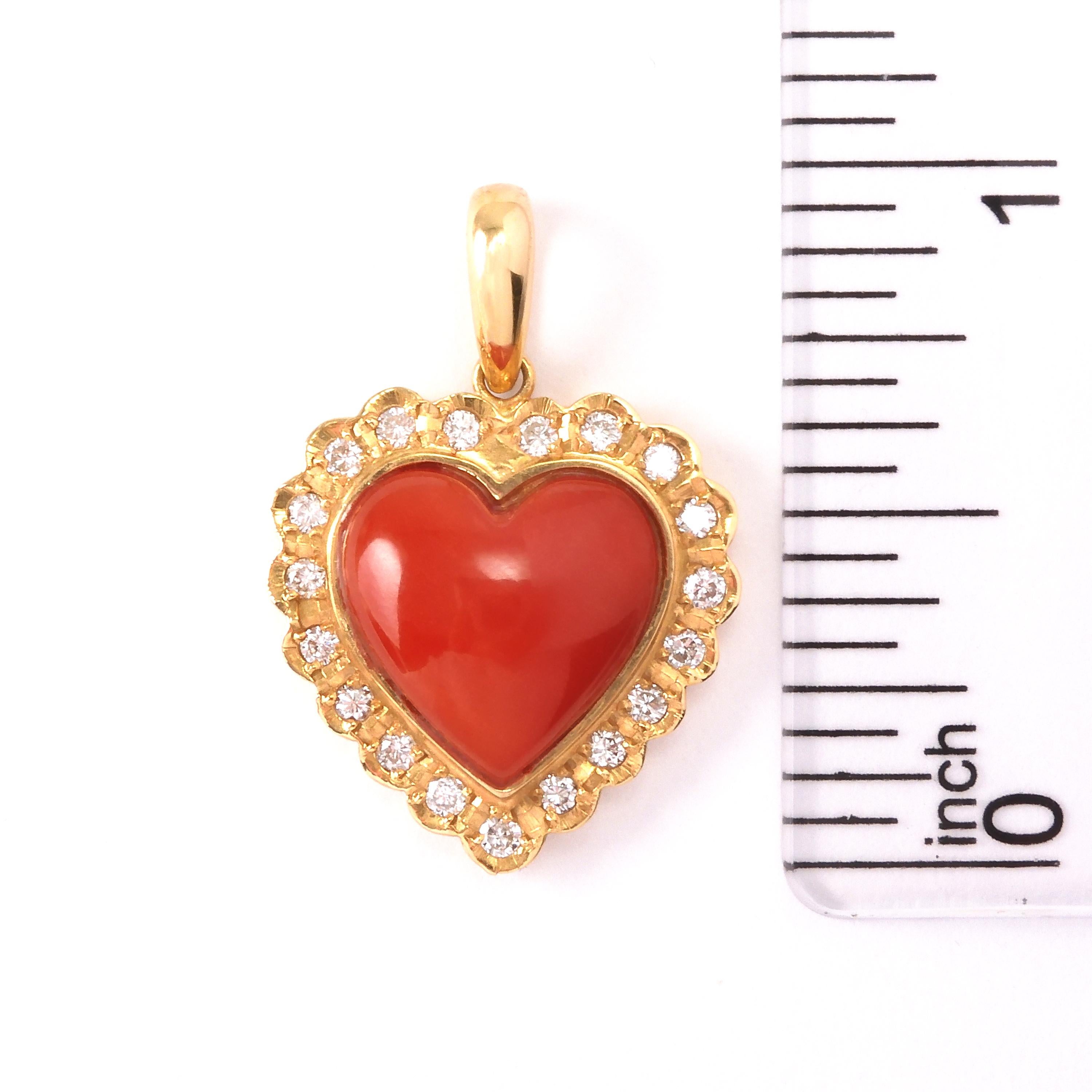 Women's 18 Karat Yellow Gold Japanese Red Coral Heart Shape Pendant Top with Diamonds For Sale