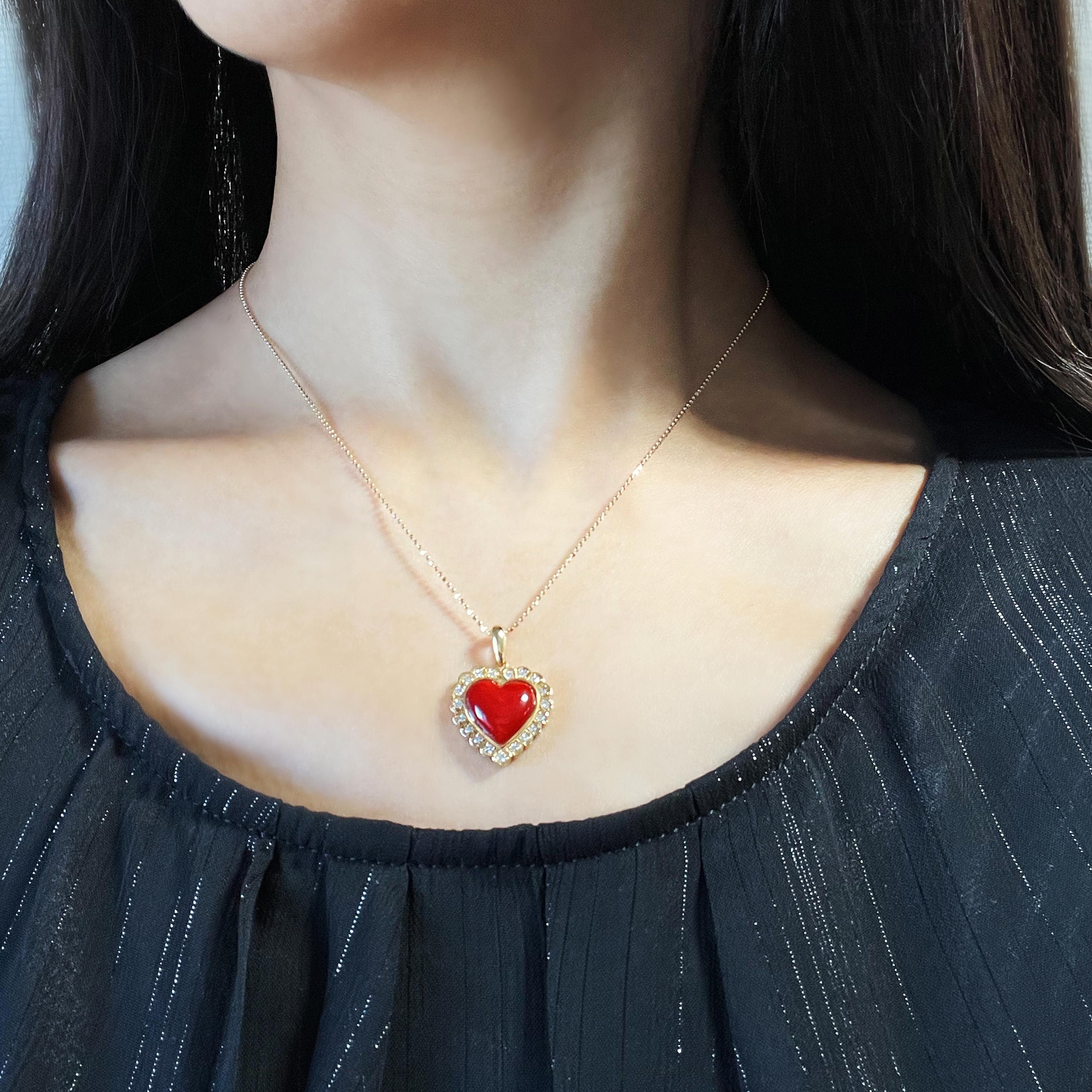 18 Karat Yellow Gold Japanese Red Coral Heart Shape Pendant Top with Diamonds For Sale 1