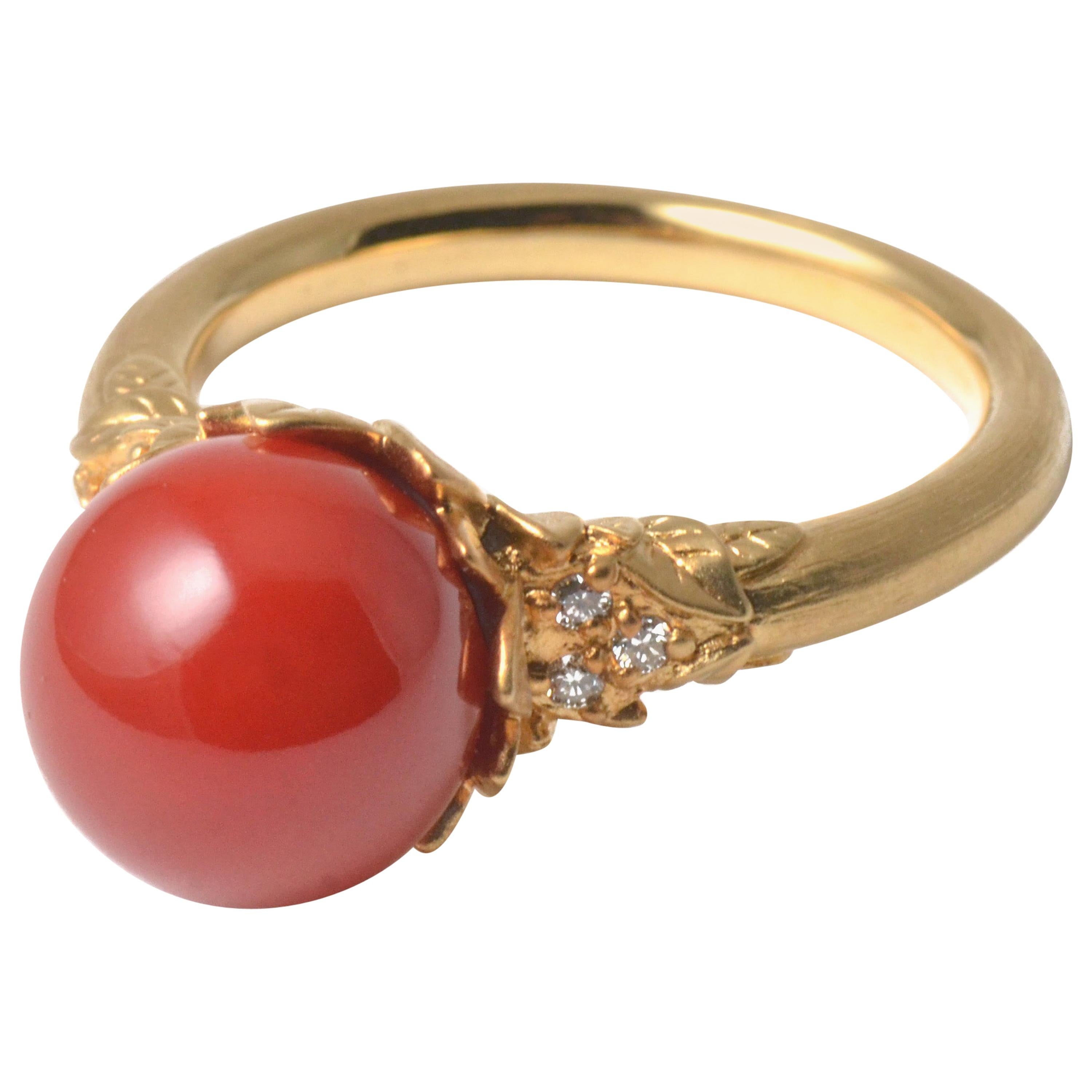 18 Karat Yellow Gold Oxblood Coral Ring with Diamonds For Sale
